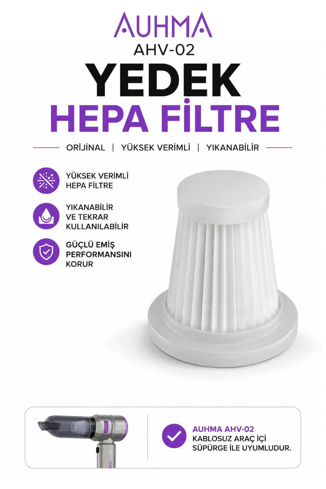 Auhma AHV-02 Orijinal Yedek HEPA Filtre | Yüksek Verimli Toz Filtresi | Yıkanabilir