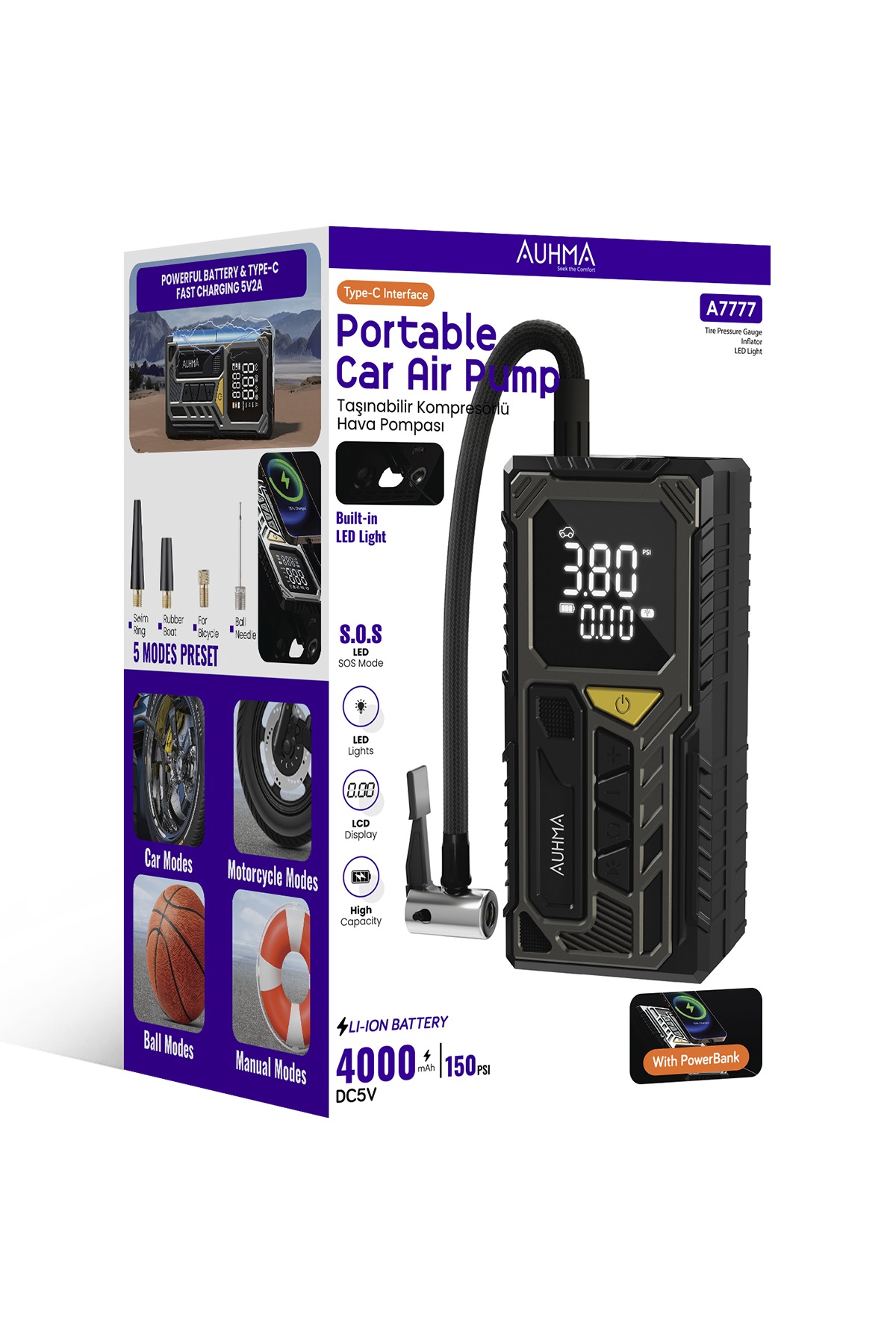 AUHMA A7777 Taşınabilir Araç Lastik Hava Pompası 4000mAh 150 PSI Dijital Ekranlı Kompresör | Type-C Şarj | LED Fener | Powerbank Özellikli Akıllı Hava Basınç Pompası
