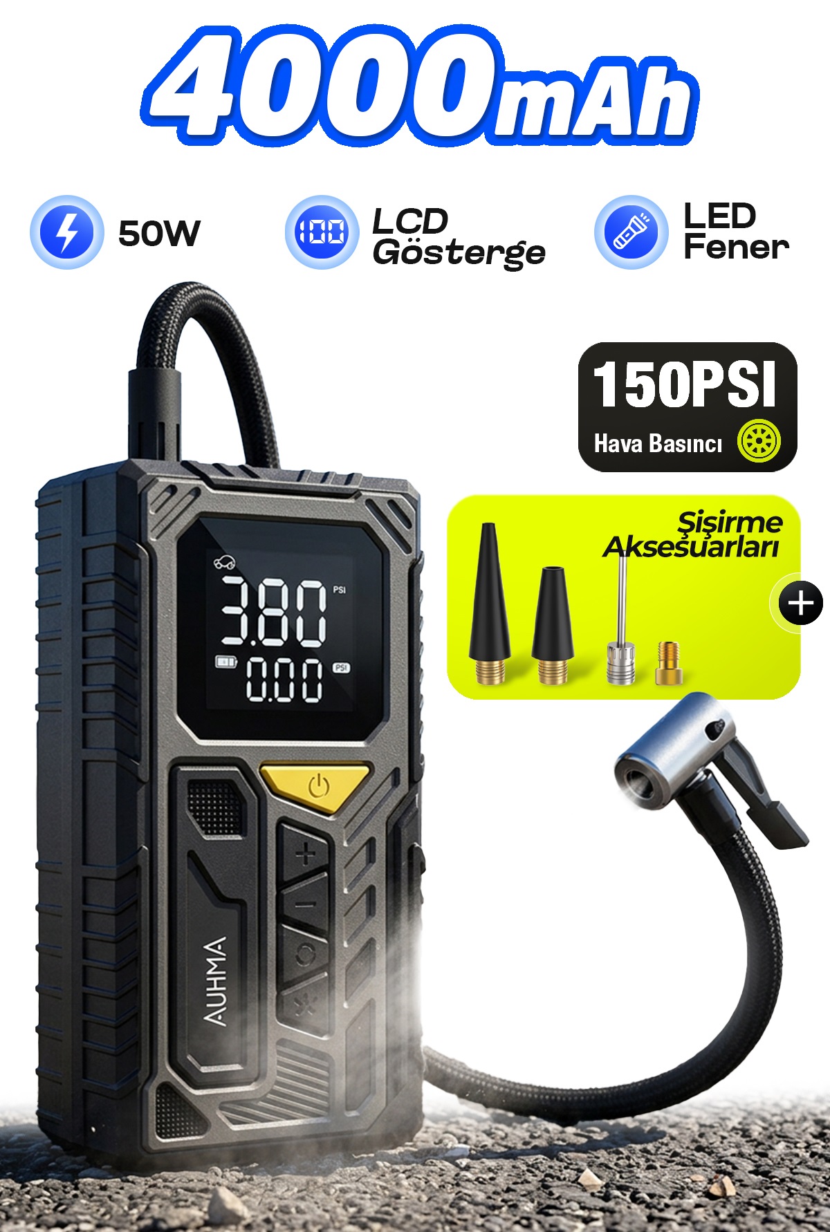 AUHMA A7777 Taşınabilir Araç Lastik Hava Pompası 4000mAh 150 PSI Dijital Ekranlı Kompresör | Type-C Şarj | LED Fener | Powerbank Özellikli Akıllı Hava Basınç Pompası