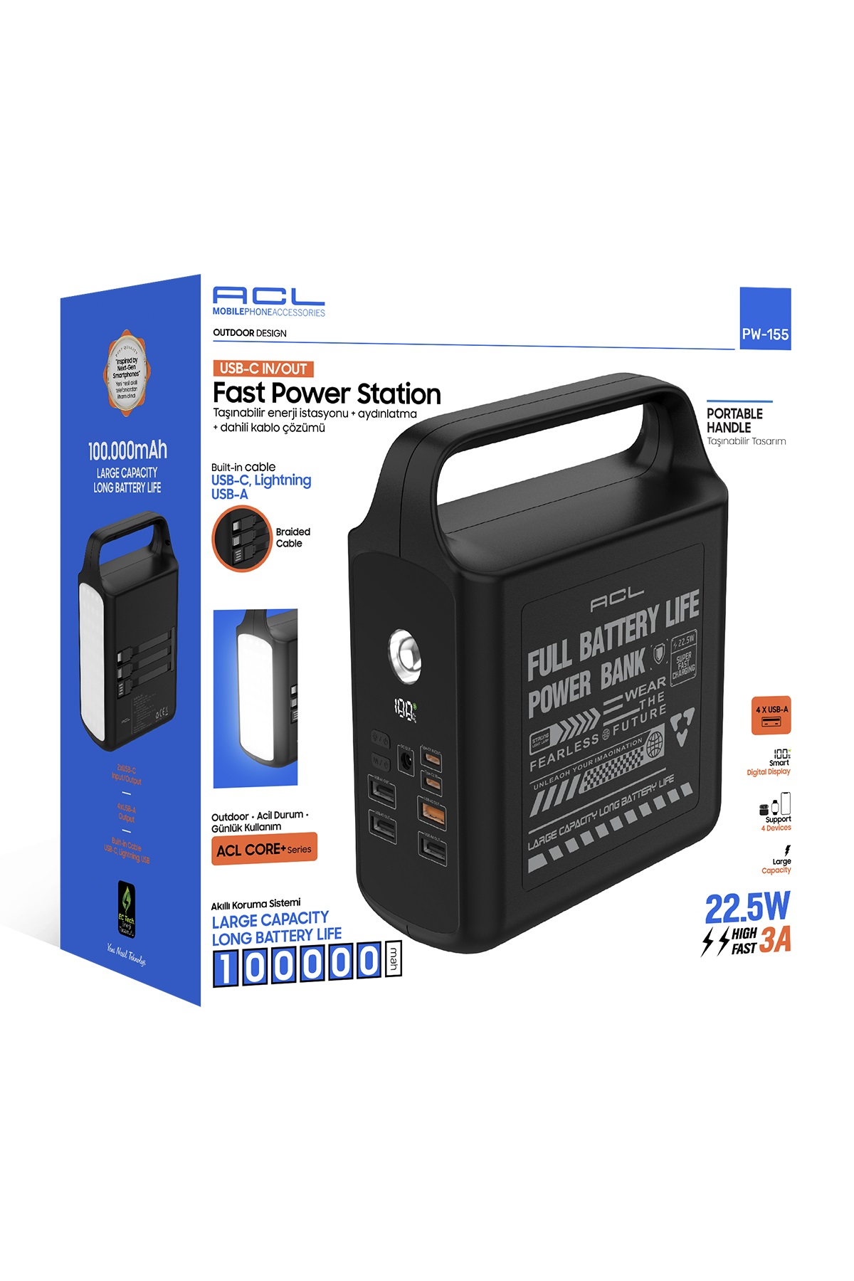 ACL PW-155 100.000mAh Taşınabilir Enerji İstasyonu Powerbank 22.5W Hızlı Şarj | Dahili Lightning + Type-C + USB Kablo | LED Kamp Feneri | 4 USB Çıkış | Dijital Ekran