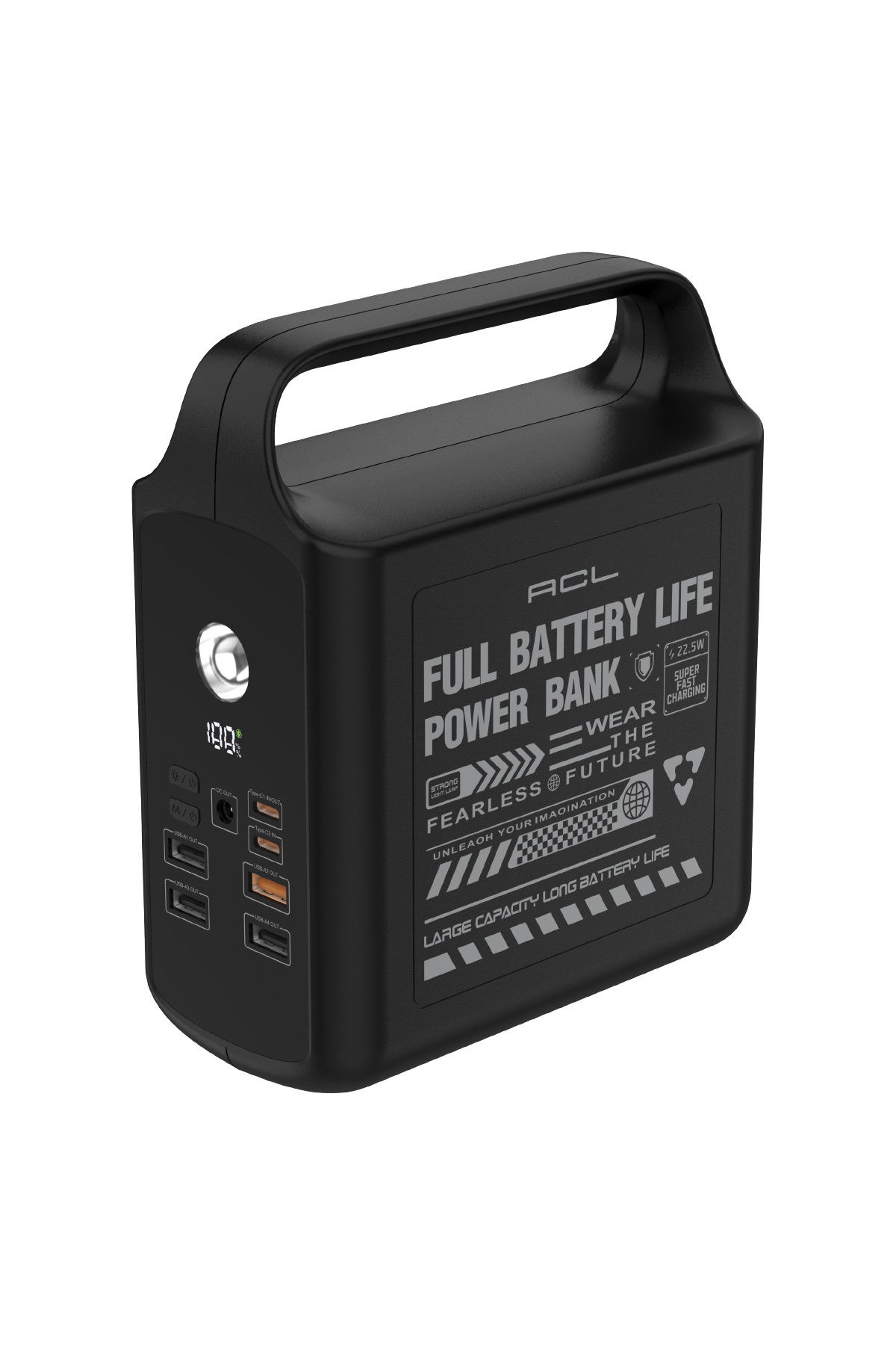 ACL PW-155 100.000mAh Taşınabilir Enerji İstasyonu Powerbank 22.5W Hızlı Şarj | Dahili Lightning + Type-C + USB Kablo | LED Kamp Feneri | 4 USB Çıkış | Dijital Ekran