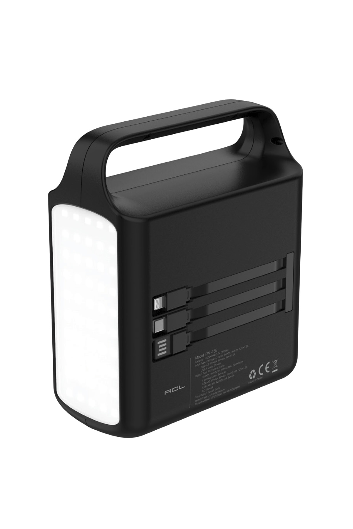 ACL PW-155 100.000mAh Taşınabilir Enerji İstasyonu Powerbank 22.5W Hızlı Şarj | Dahili Lightning + Type-C + USB Kablo | LED Kamp Feneri | 4 USB Çıkış | Dijital Ekran
