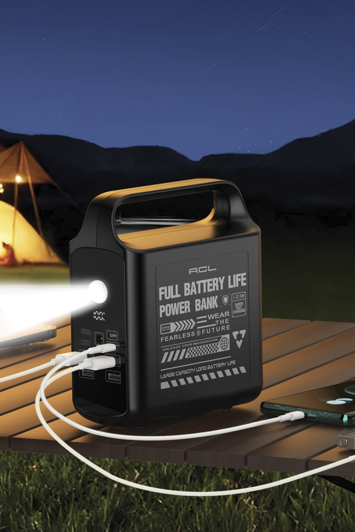 ACL PW-155 100.000mAh Taşınabilir Enerji İstasyonu Powerbank 22.5W Hızlı Şarj | Dahili Lightning + Type-C + USB Kablo | LED Kamp Feneri | 4 USB Çıkış | Dijital Ekran