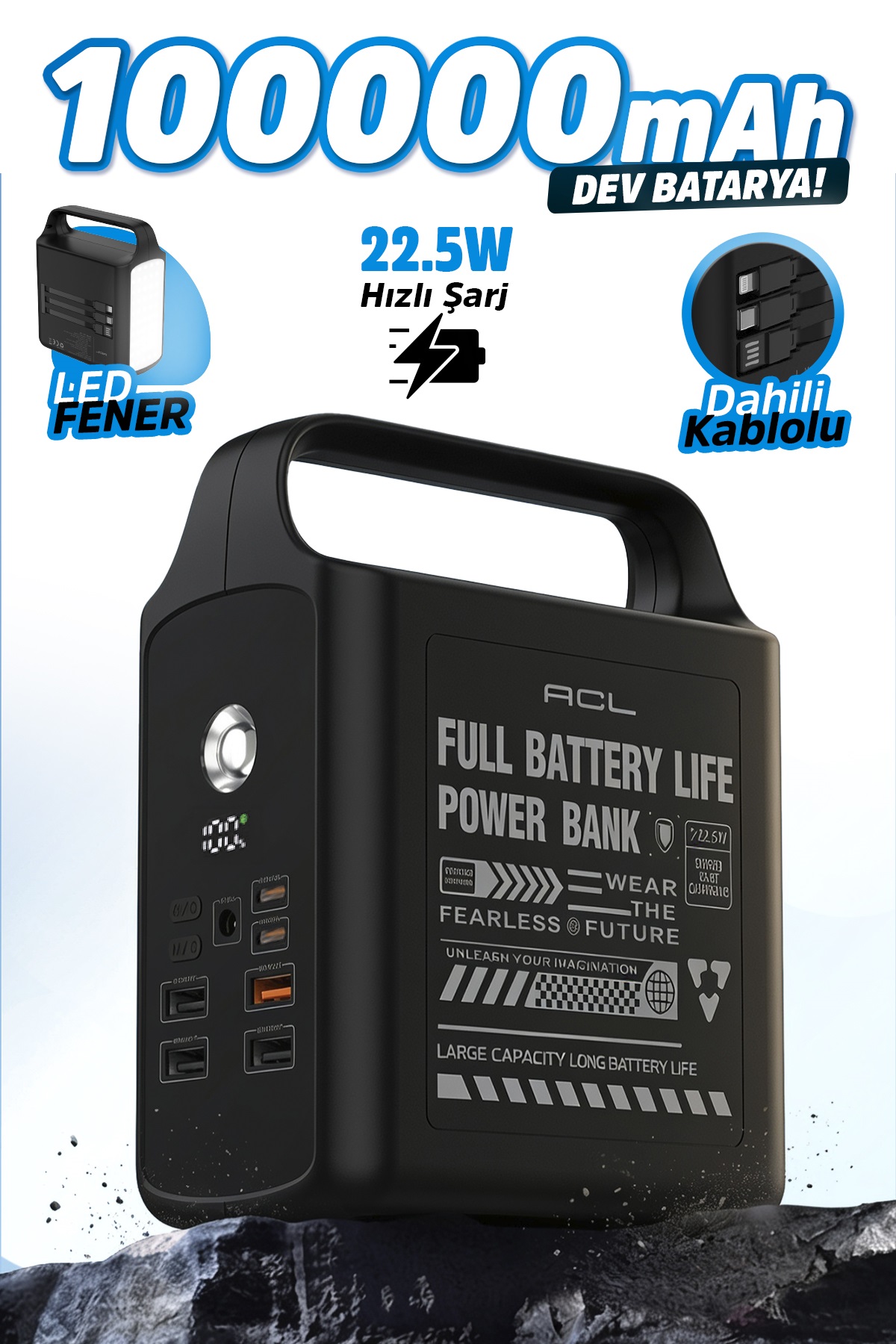 ACL PW-155 100.000mAh Taşınabilir Enerji İstasyonu Powerbank 22.5W Hızlı Şarj | Dahili Lightning + Type-C + USB Kablo | LED Kamp Feneri | 4 USB Çıkış | Dijital Ekran