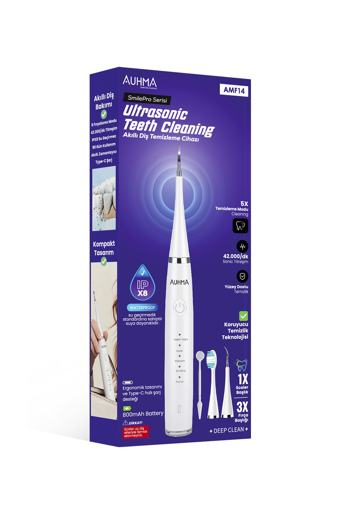 AUHMA AMF14 Ultrasonik Diş Temizleme Cihazı Beyaz | 42.000 Titreşim/Dk | 5 Mod | IPX8 Su Geçirmez | Type-C Şarj | Diş Taşı Temizleyici & Plak Temizleme Seti