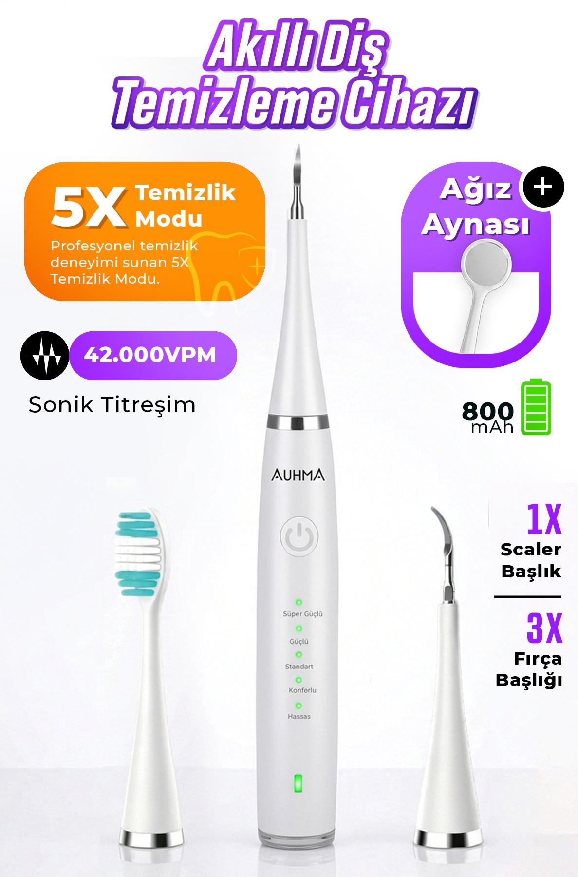 AUHMA AMF14 Ultrasonik Diş Temizleme Cihazı Beyaz | 42.000 Titreşim/Dk | 5 Mod | IPX8 Su Geçirmez | Type-C Şarj | Diş Taşı Temizleyici & Plak Temizleme Seti
