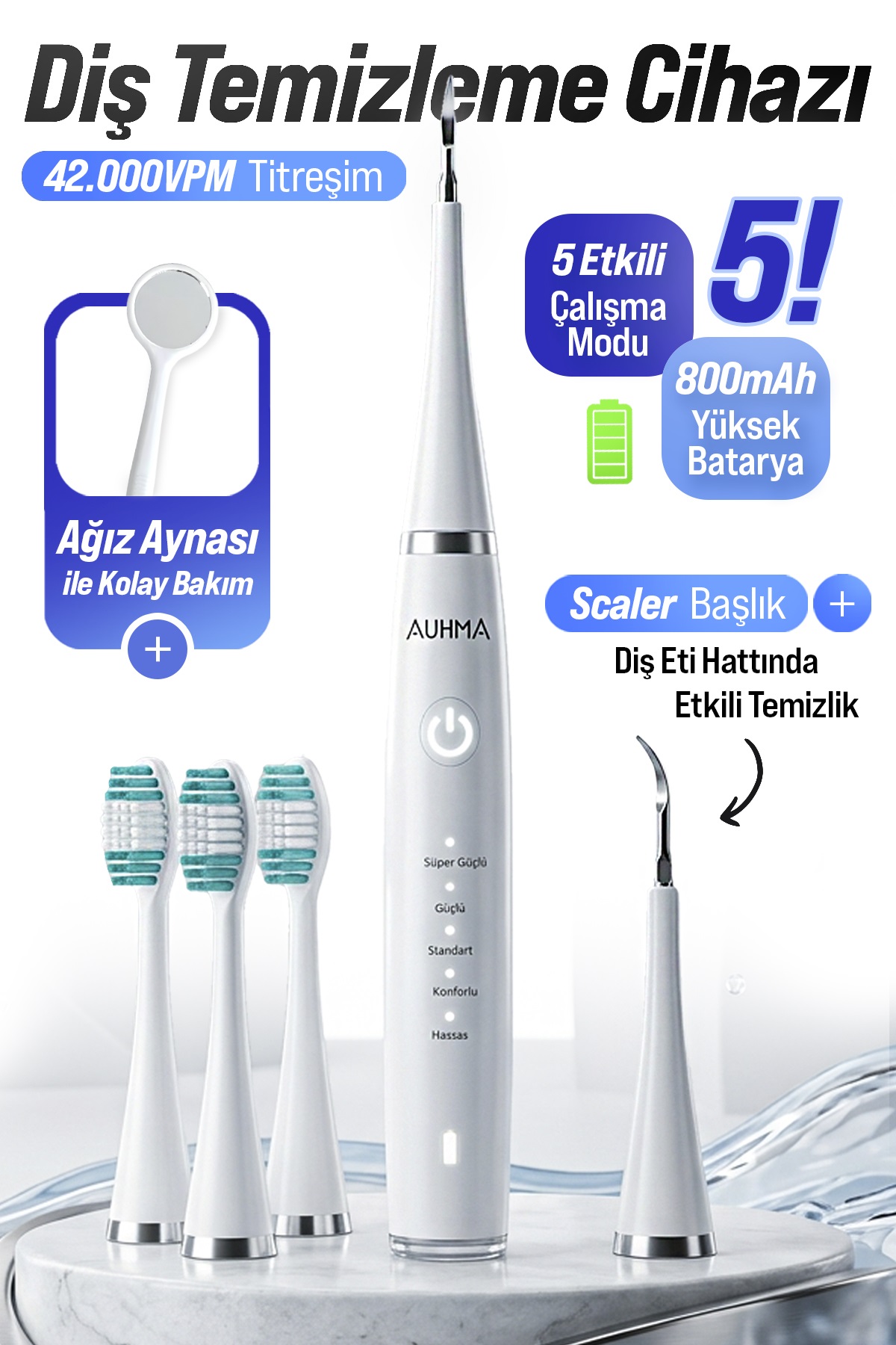 AUHMA AMF14 Ultrasonik Diş Temizleme Cihazı Beyaz | 42.000 Titreşim/Dk | 5 Mod | IPX8 Su Geçirmez | Type-C Şarj | Diş Taşı Temizleyici & Plak Temizleme Seti