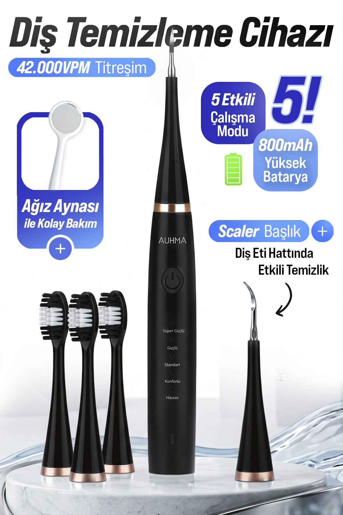 AUHMA AMF14 Ultrasonik Diş Temizleme Cihazı Siyah | 42.000 Titreşim/Dk | 5 Mod | IPX8 Su Geçirmez | Type-C Şarj | Diş Taşı Temizleyici & Plak Temizleme Seti