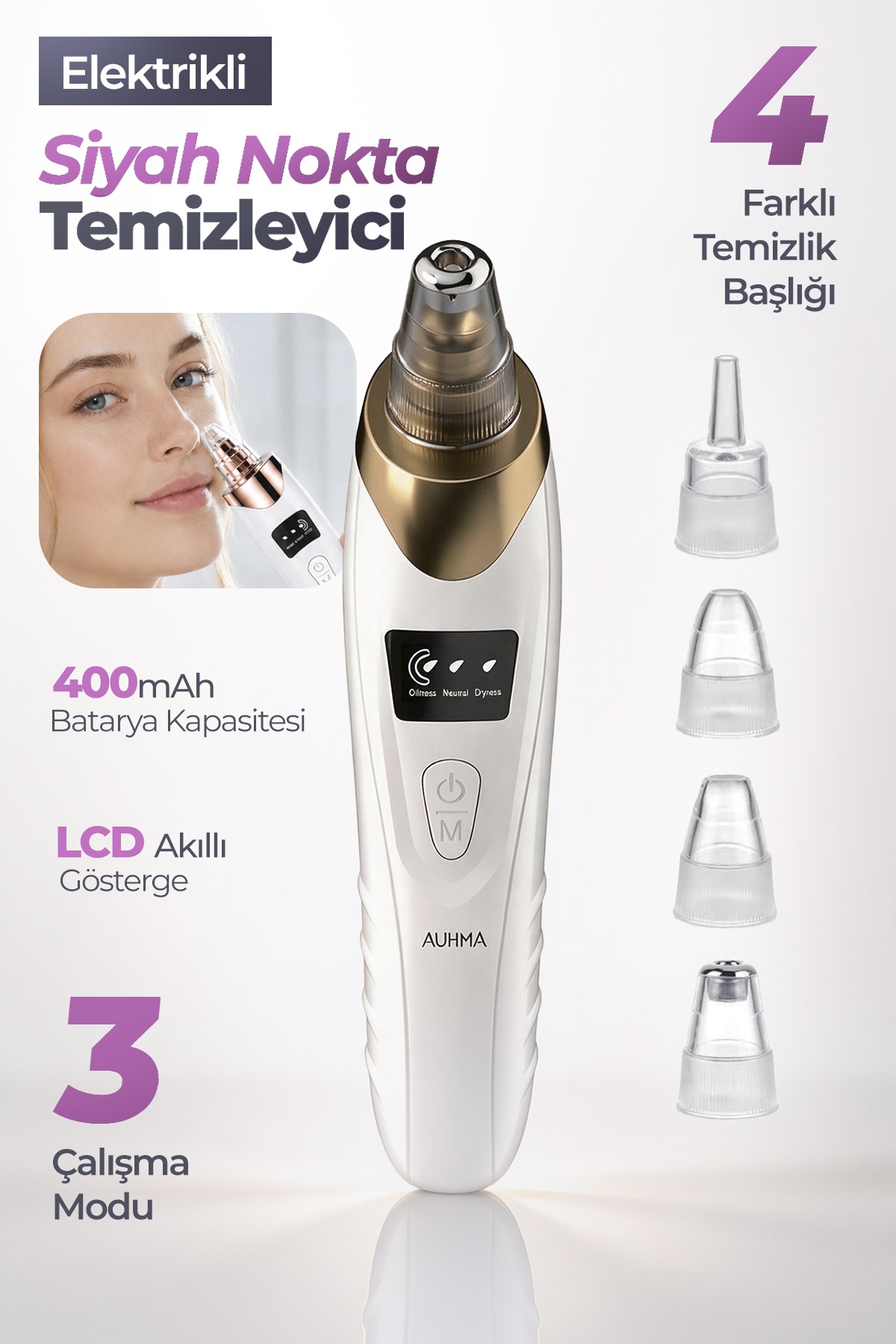 AUHMA AHB-01 Elektrikli Siyah Nokta Temizleme Cihazı | LCD Ekranlı Vakumlu Gözenek Temizleyici | 3 Kademe Emiş Gücü | 5 Başlıklı Şarjlı Cilt Bakım Cihazı