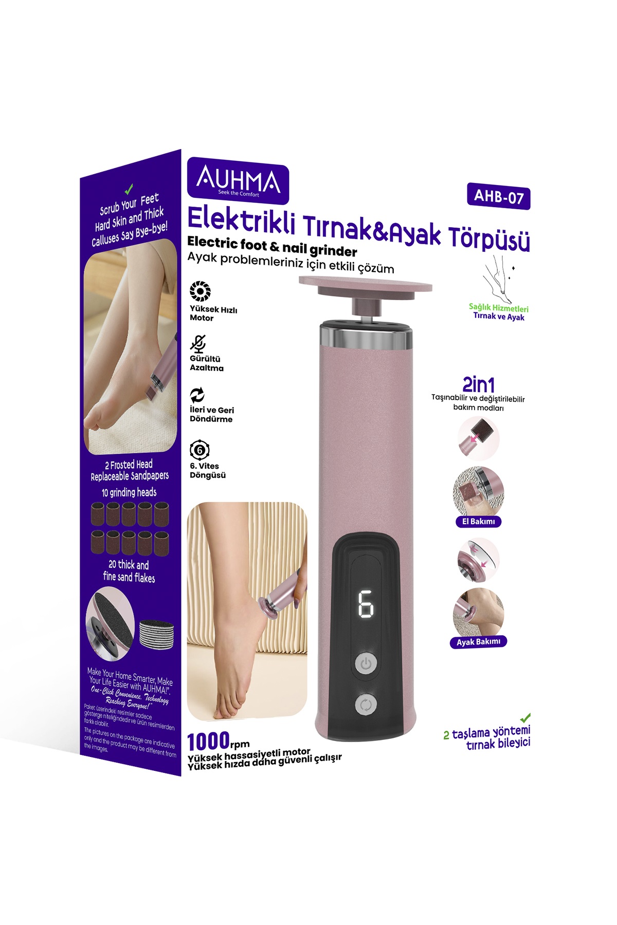 AUHMA AHB-07 Elektrikli Ayak ve Tırnak Törpüsü | 2'si 1 Arada Pedikür Cihazı | 6 Hız Kademesi | İleri/Geri Dönüş | LCD Ekran | USB Şarjlı Topuk Nasır Temizleyici & Tırnak Bakım Seti