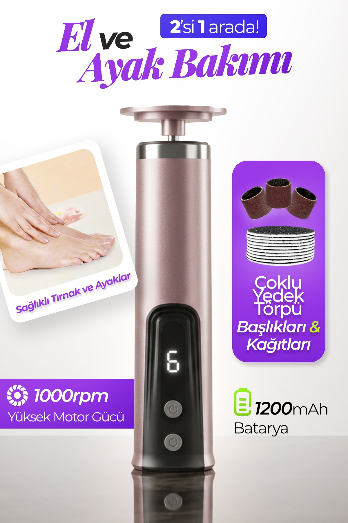 AUHMA AHB-07 Elektrikli Ayak ve Tırnak Törpüsü | 2'si 1 Arada Pedikür Cihazı | 6 Hız Kademesi | İleri/Geri Dönüş | LCD Ekran | USB Şarjlı Topuk Nasır Temizleyici & Tırnak Bakım Seti