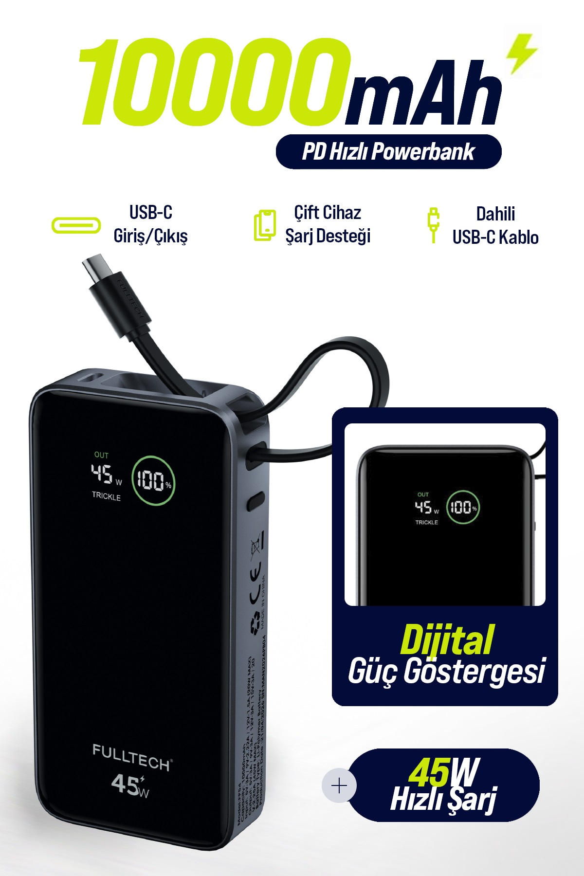 FULLTECH FP54 10000mAh 45W PD Hızlı Şarjlı Powerbank | 45W Kablosuz Şarj | Entegre USB-C Kablo | Dijital Ekran | USB-C Giriş/Çıkış Taşınabilir Powerbank
