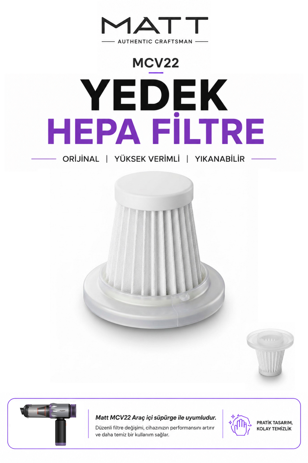 Matt MCV22 Yedek HEPA Filtre | Orijinal Yıkanabilir Yüksek Verimli Filtre | MCV22 Araç İçi El Süpürgesi Uyumlu