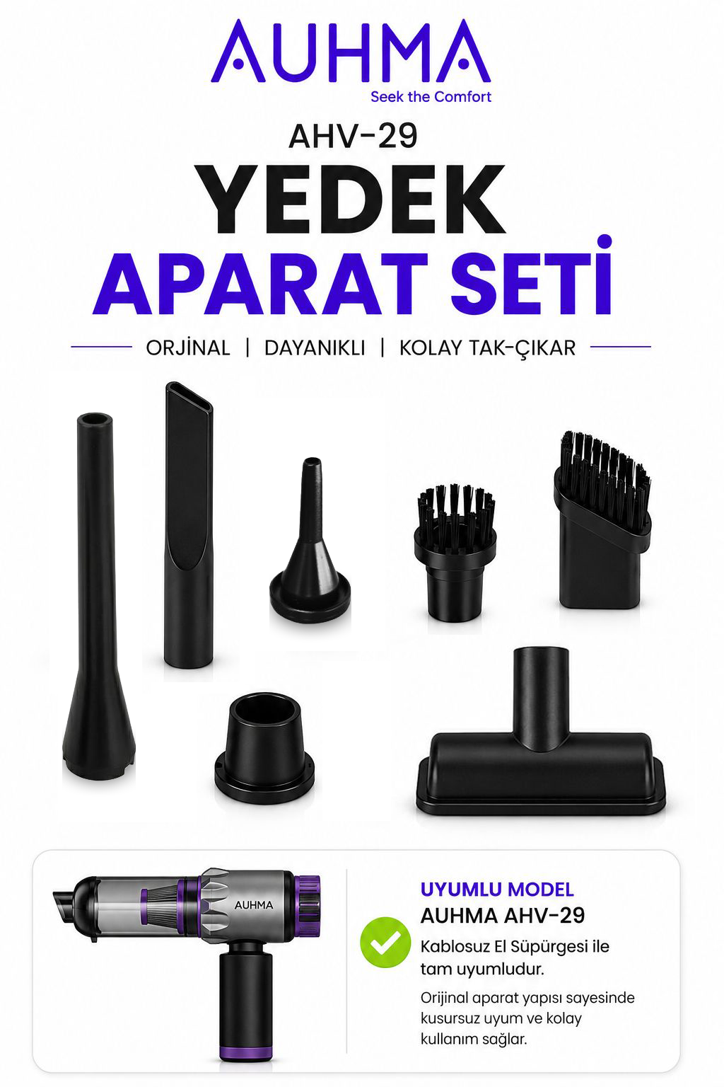 AUHMA AHV-29 Yedek Aparat Seti | Orijinal Kablosuz El Süpürgesi Başlık Seti | Fırça, Dar Uç, Geniş Başlık ve Temizlik Aparatları