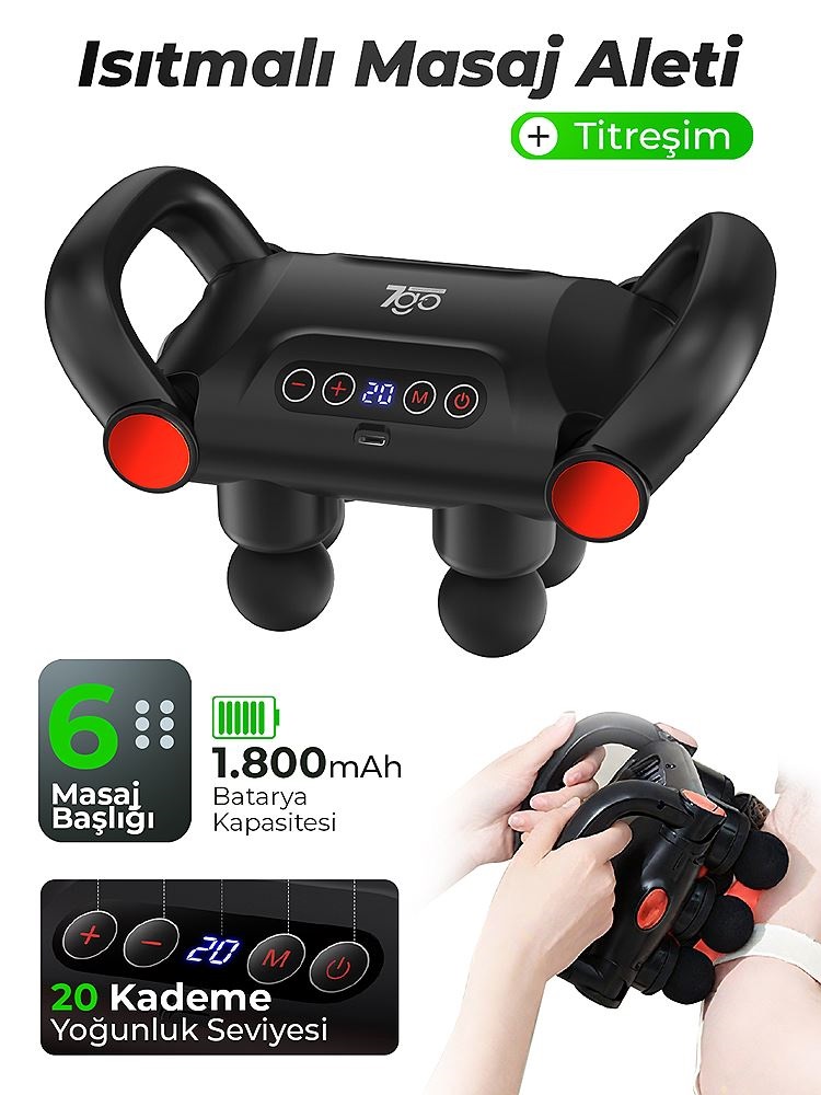 7GO 7GMG5 Isıtmalı Masaj Tabancası – 6 Başlıklı, 5 Modlu, 20 Kademeli, LCD Ekranlı Titreşimli Masaj Aleti