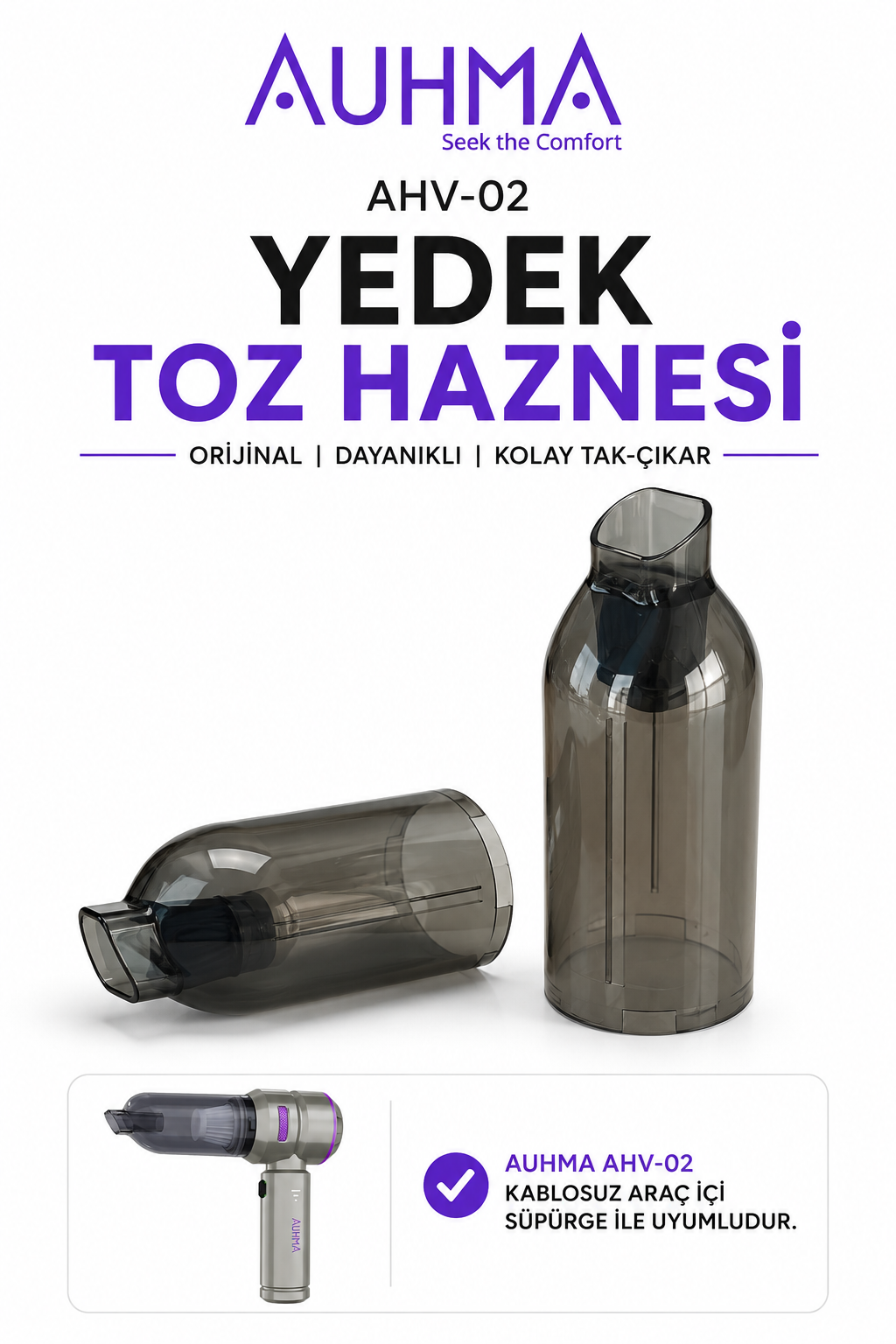Auhma AHV-02 Araç İçi Süpürge Yedek Toz Haznesi – Orijinal Uyumlu, Kolay Tak-Çıkar, Şeffaf Hazne