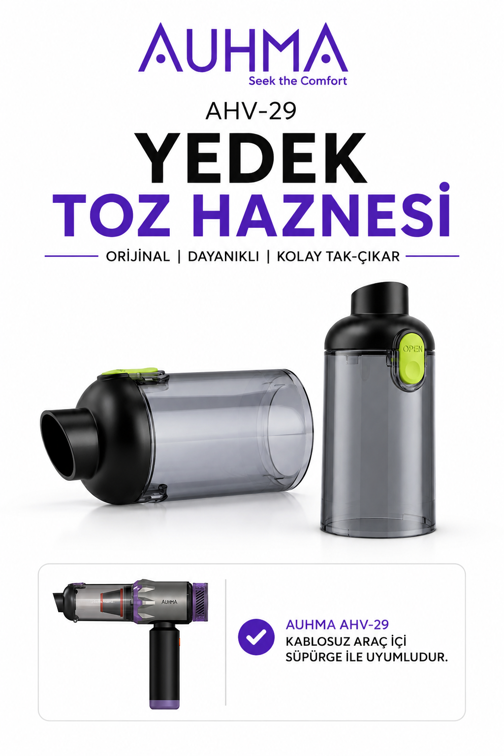 Auhma AHV-29 Araç İçi Süpürge Yedek Toz Haznesi – Orijinal Uyumlu, Kolay Tak-Çıkar, Şeffaf Hazne