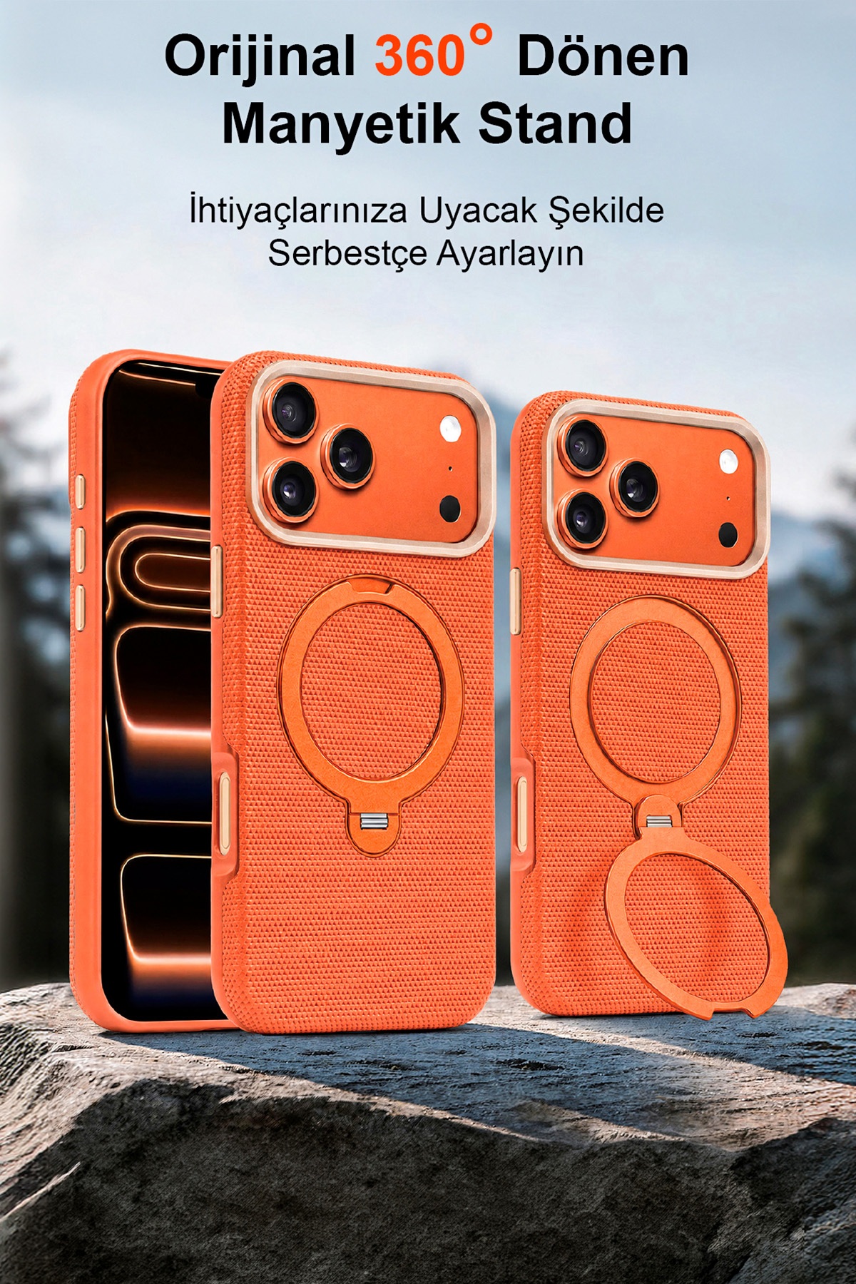 Fulltech FTPC10 iPhone 17 Pro Uyumlu Turuncu MagSafe Kılıf 360° Döner Metal Halkalı Standlı Manyetik Kamera Korumalı Premium Telefon Kılıfı