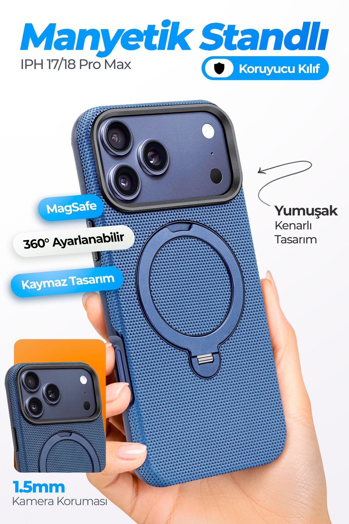 Fulltech FTPC10 iPhone 17 Pro Max Uyumlu Mavi MagSafe Kılıf 360° Döner Metal Halkalı Standlı Manyetik Kamera Korumalı Premium Telefon Kılıfı