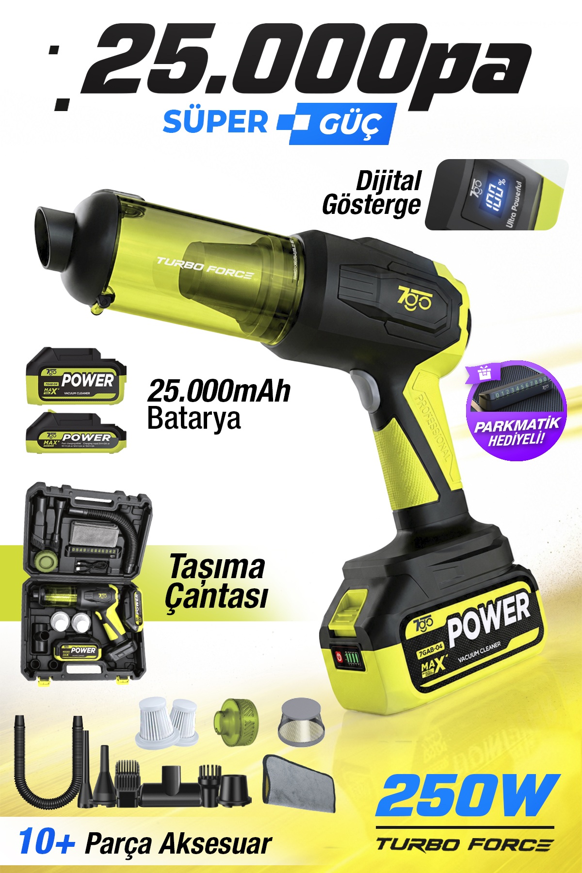 7GO 7GAB-04 25.000 Pa Şarjlı Araç Süpürgesi ve Hava Üfleme Makinesi – 90.000 RPM Fırçasız Motor, 2'si 1 Arada Güçlü Vakum & Üfleme