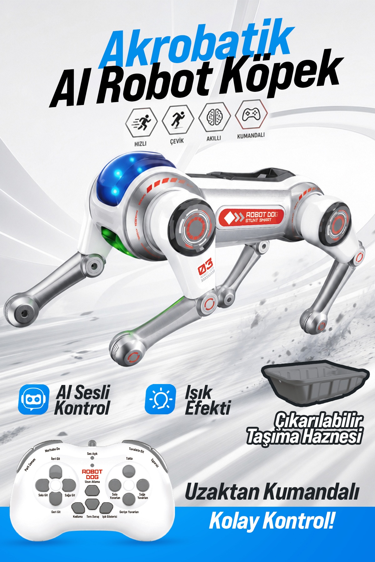 BLIC BRB1 AI Akıllı Robot Köpek 2.4GHz Uzaktan Kumandalı Sesli Komutlu RGB Işıklı Akrobatik Programlanabilir Eğitici Oyuncak