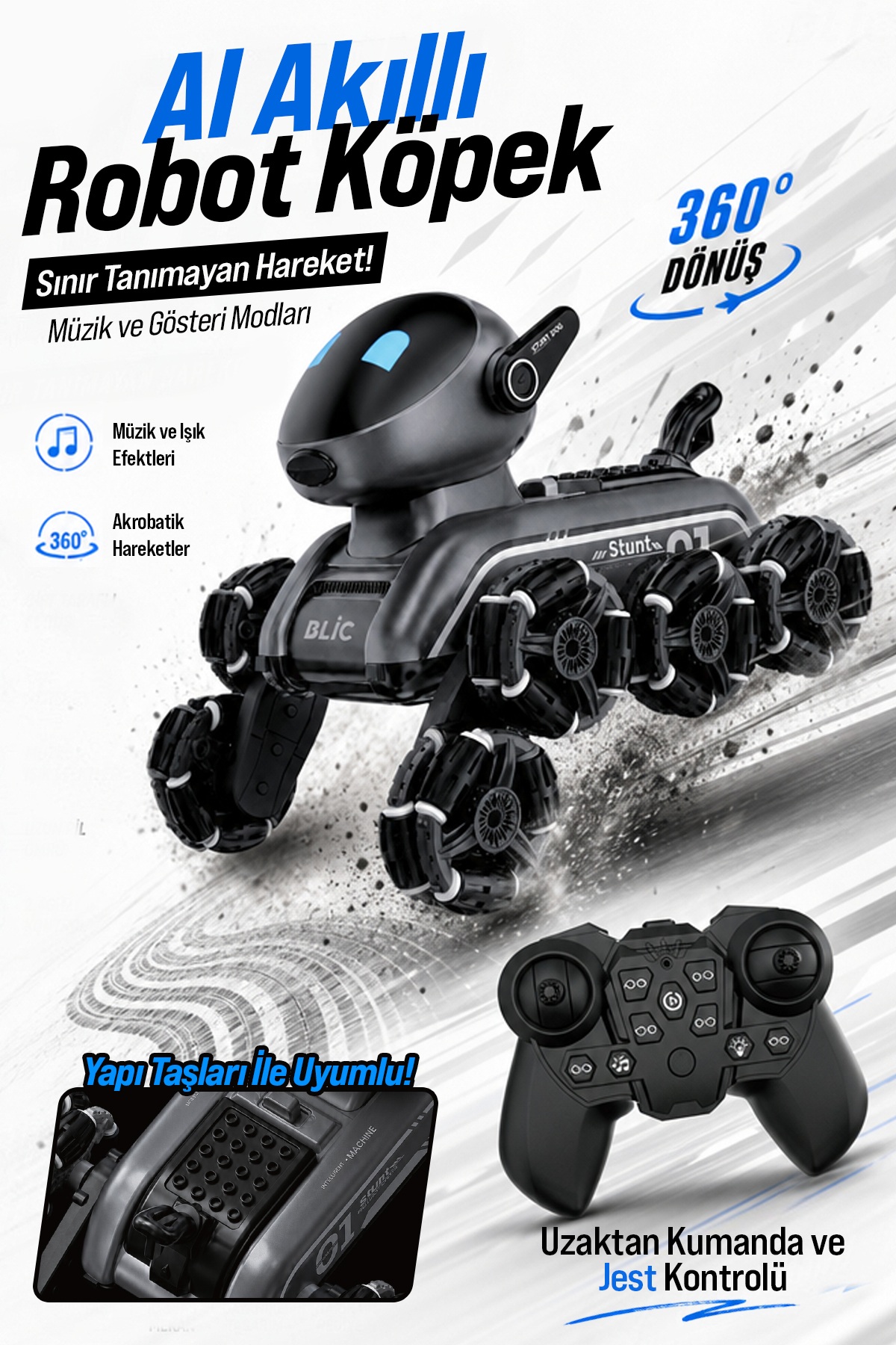 BLIC BRB3 AI Robot Dog Akıllı Robot Köpek – 2.4GHz Uzaktan Kumandalı, 360° Omni Tekerlekli, Drift ve Akrobatik Hareketli, Işık ve Ses Efektli Oyuncak