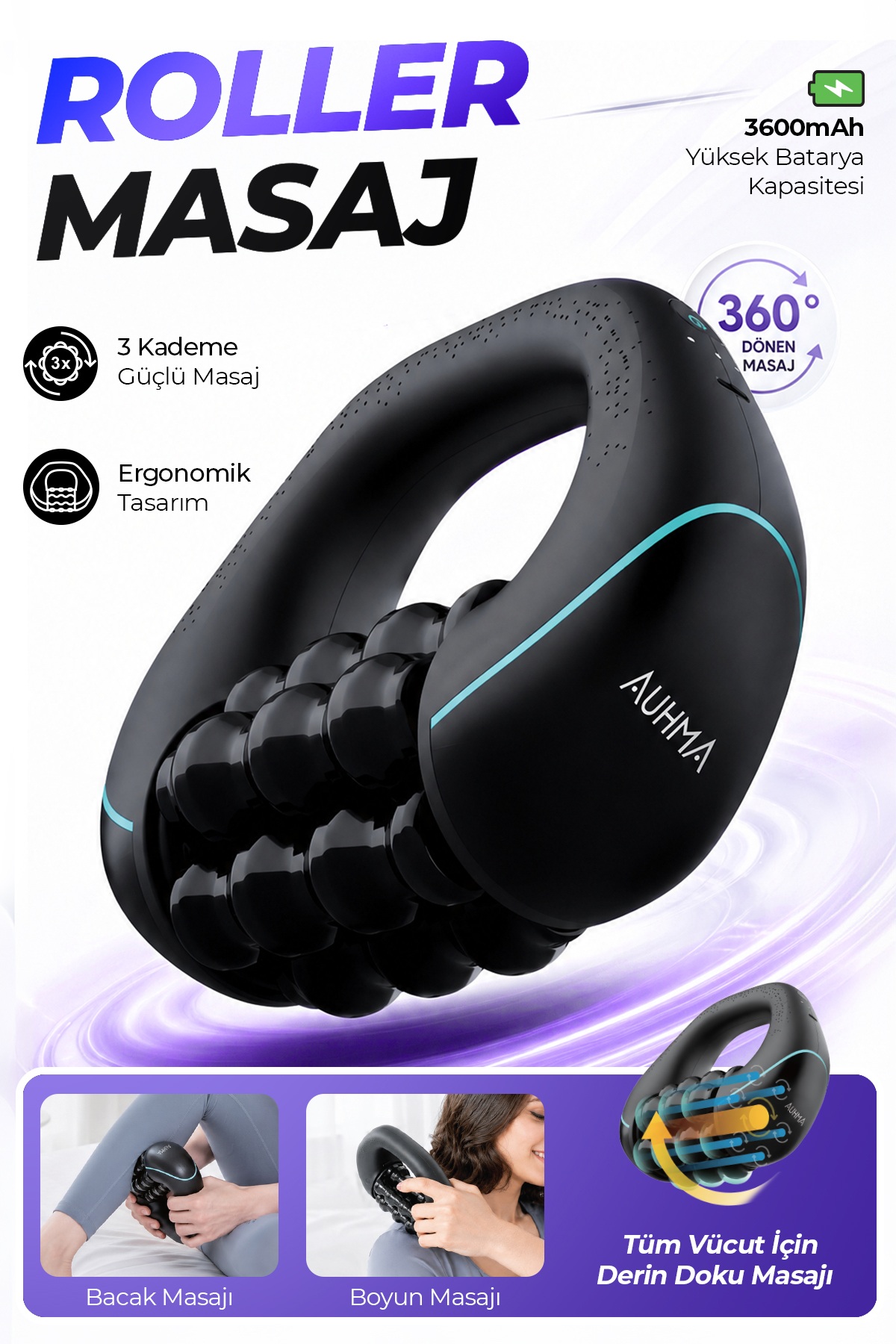AUHMA AMG50 Derin Doku Masaj Aleti – 3 Kademeli Fırçasız Motorlu, 3600 mAh Şarjlı Kas Masaj Cihazı