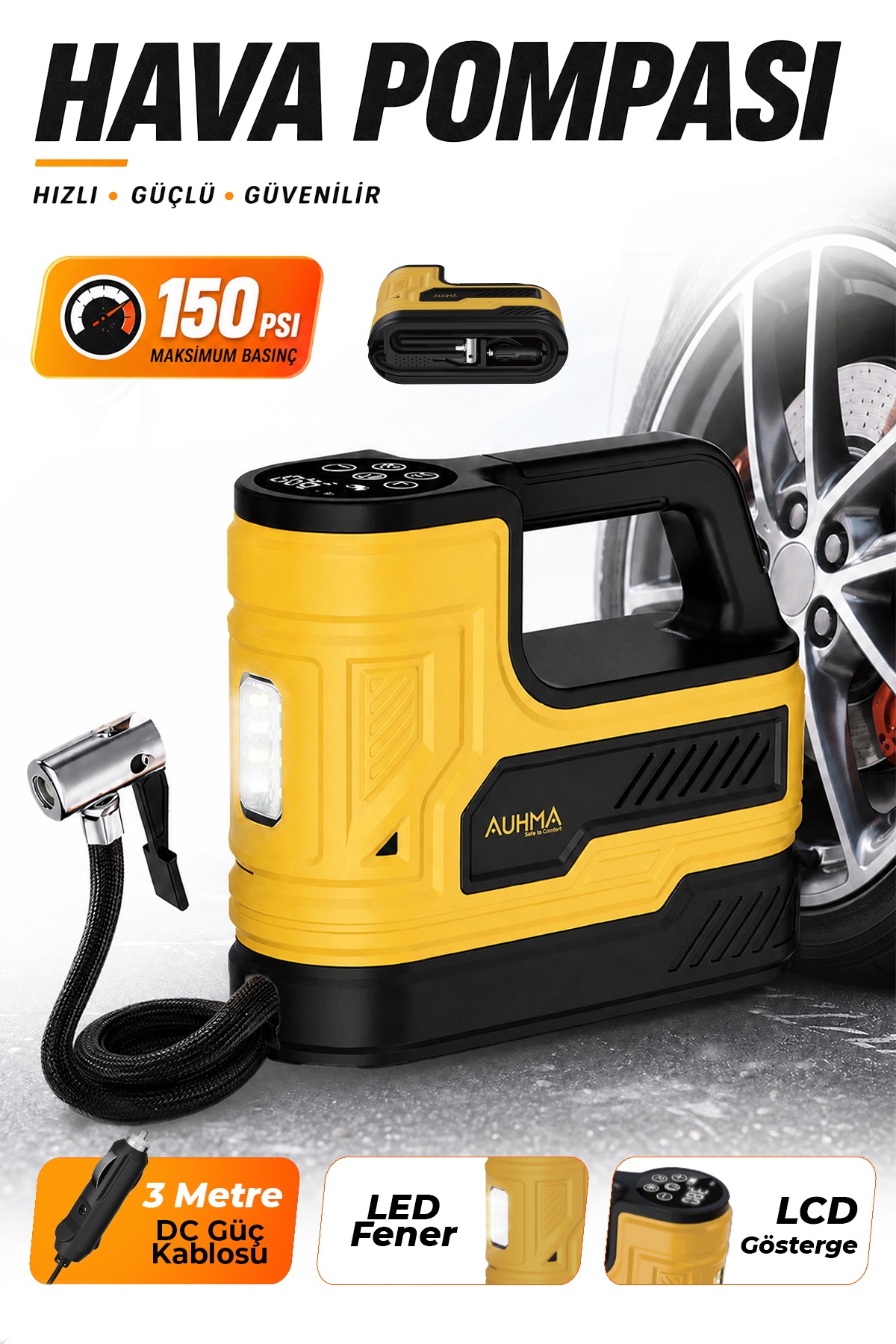 AUHMA A7788 150 PSI Dijital Araç Lastik Şişirme Hava Kompresörü Sarı – 12V Çakmaklık Girişli, Otomatik Durdurma, LED Aydınlatmalı, 3 Metre Kablolu
