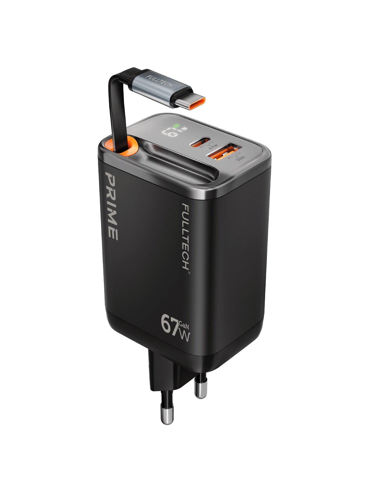 Fulltech FC57 67W GaN Hızlı Şarj Adaptörü – Dahili Geri Çekilebilir USB-C Kablo, USB-C + USB-A, LCD Ekran