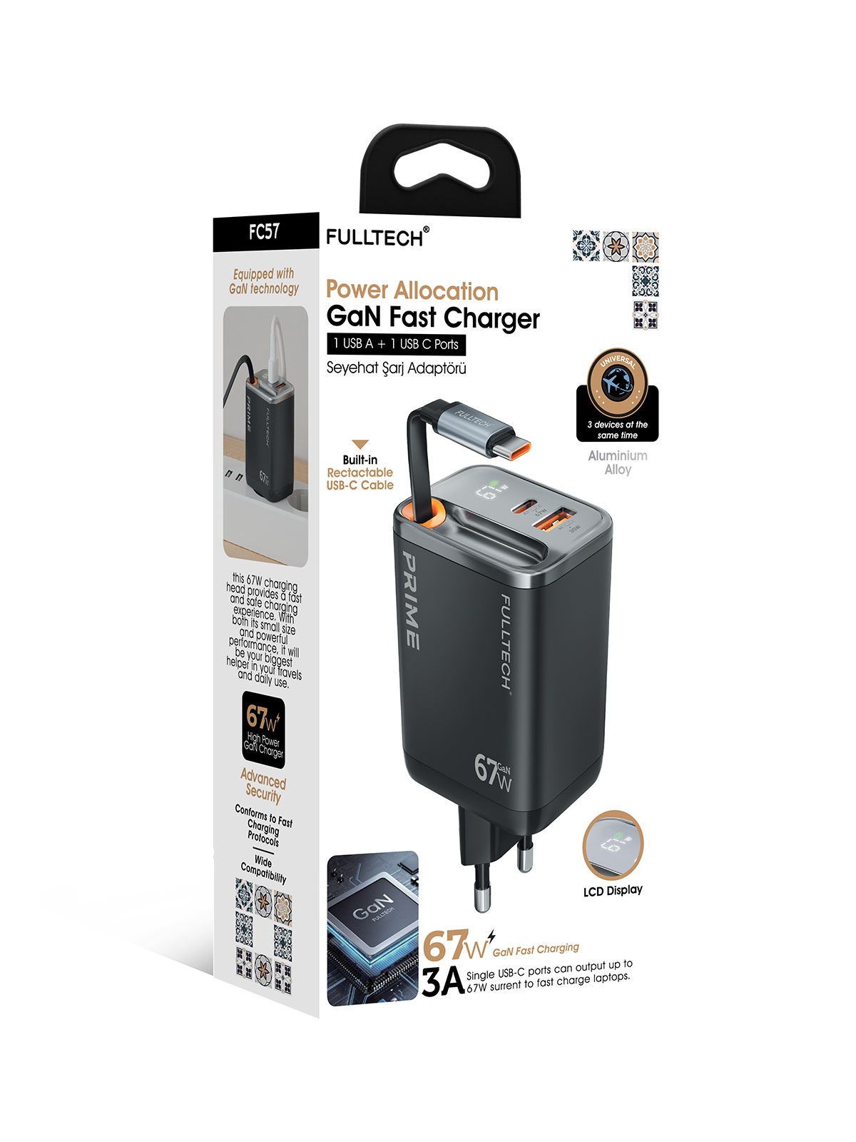 Fulltech FC57 67W GaN Hızlı Şarj Adaptörü – Dahili Geri Çekilebilir USB-C Kablo, USB-C + USB-A, LCD Ekran