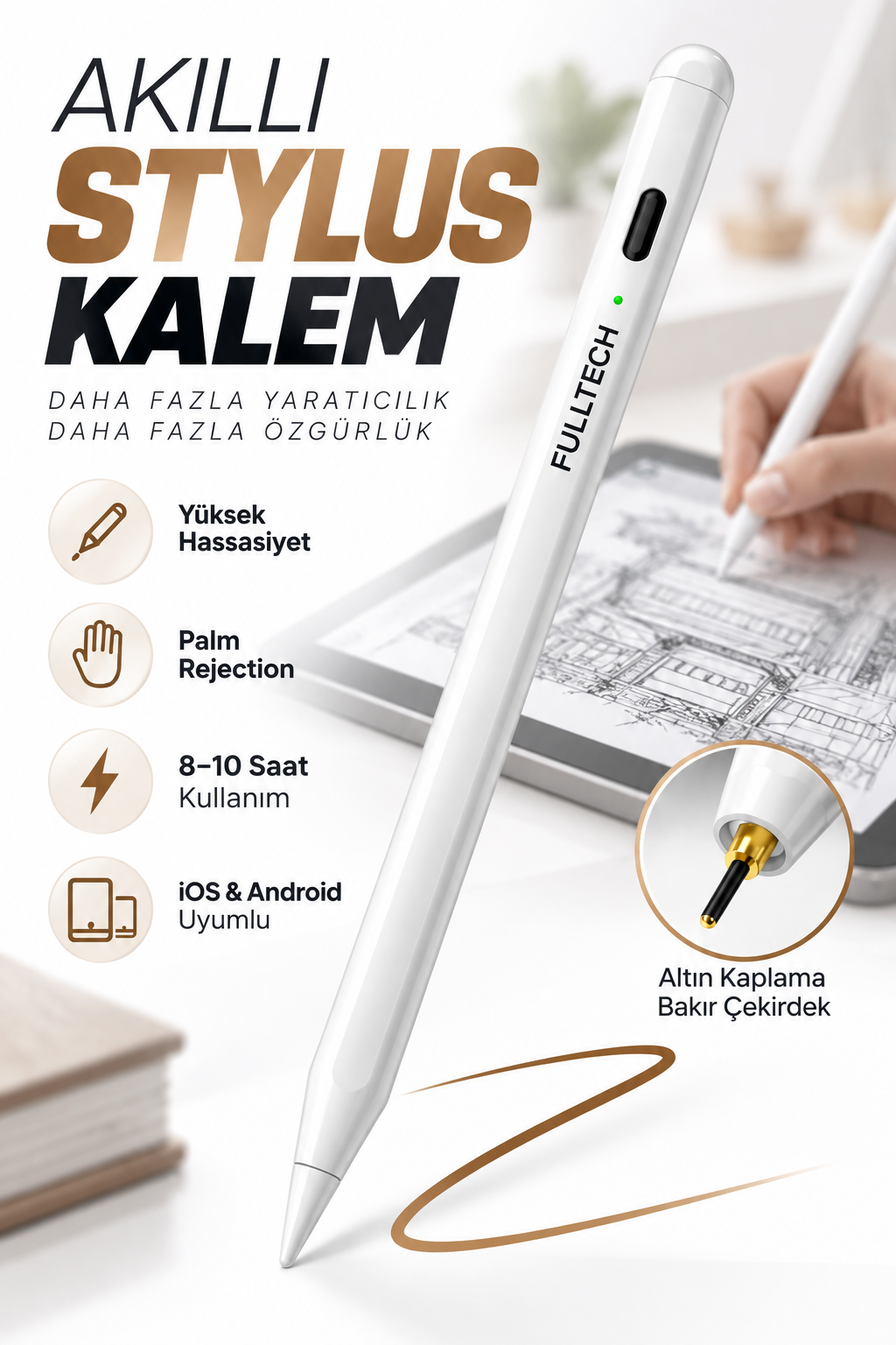 Fulltech FTP4 Akıllı Dokunmatik Kalem Stylus Pen – Palm Rejection, Yüksek Hassasiyet, iOS & Android Uyumlu, 140 mAh