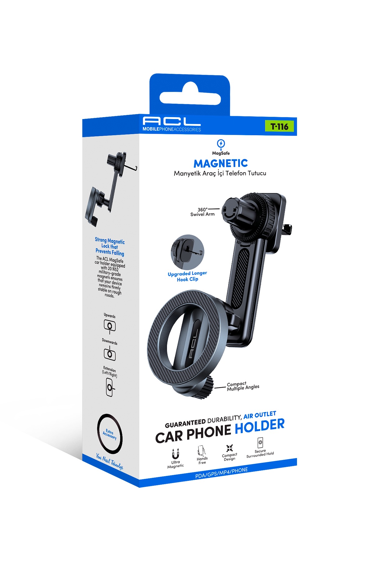 ACL T-116 MagSafe Manyetik Araç İçi Telefon Tutucu – 360° Ayarlanabilir Kancalı Havalandırma Telefon Tutacağı
