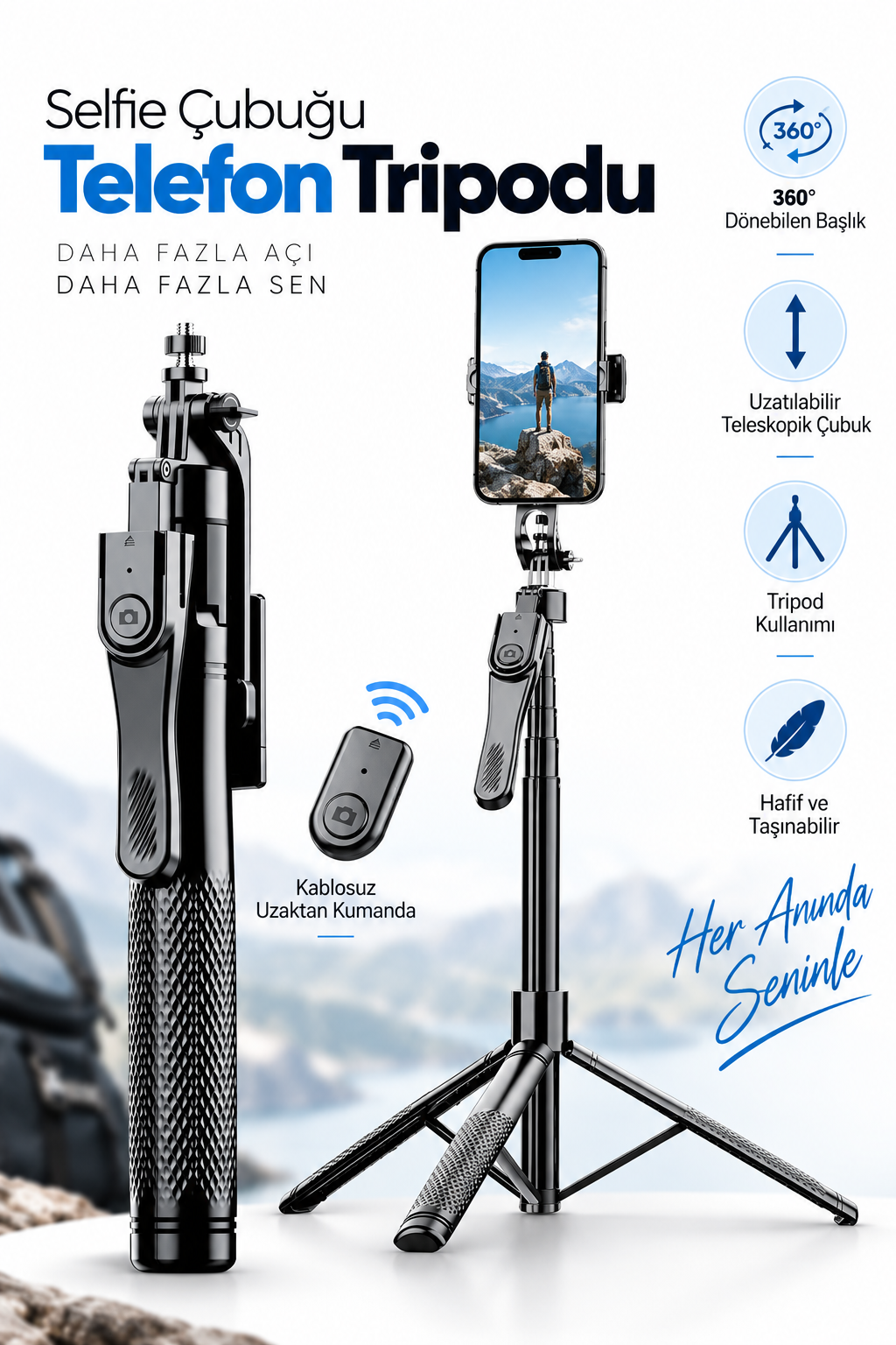 Blic K29 215 cm Ultra Uzun Bluetooth Kumandalı Selfie Çubuğu Tripod – Çift Telefon Tutuculu, Selfie Işıklı, 1/4