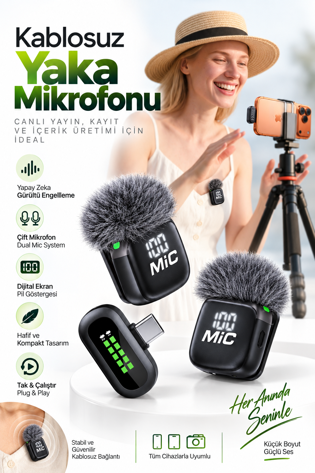 BLIC PRO++ BWC-09 Çift Kablosuz Yaka Mikrofonu Type-C, AI Gürültü Azaltma, Dijital Ekran, 6-7 Saat Kullanım