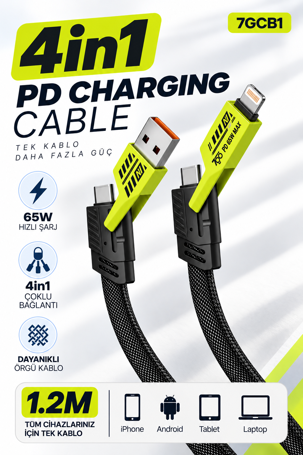 7GO 7GCB1 65W PD 4'ü 1 Arada Hızlı Şarj Kablosu 1.2M – USB-A / Type-C / Lightning Çoklu Örgülü Şarj Kablosu