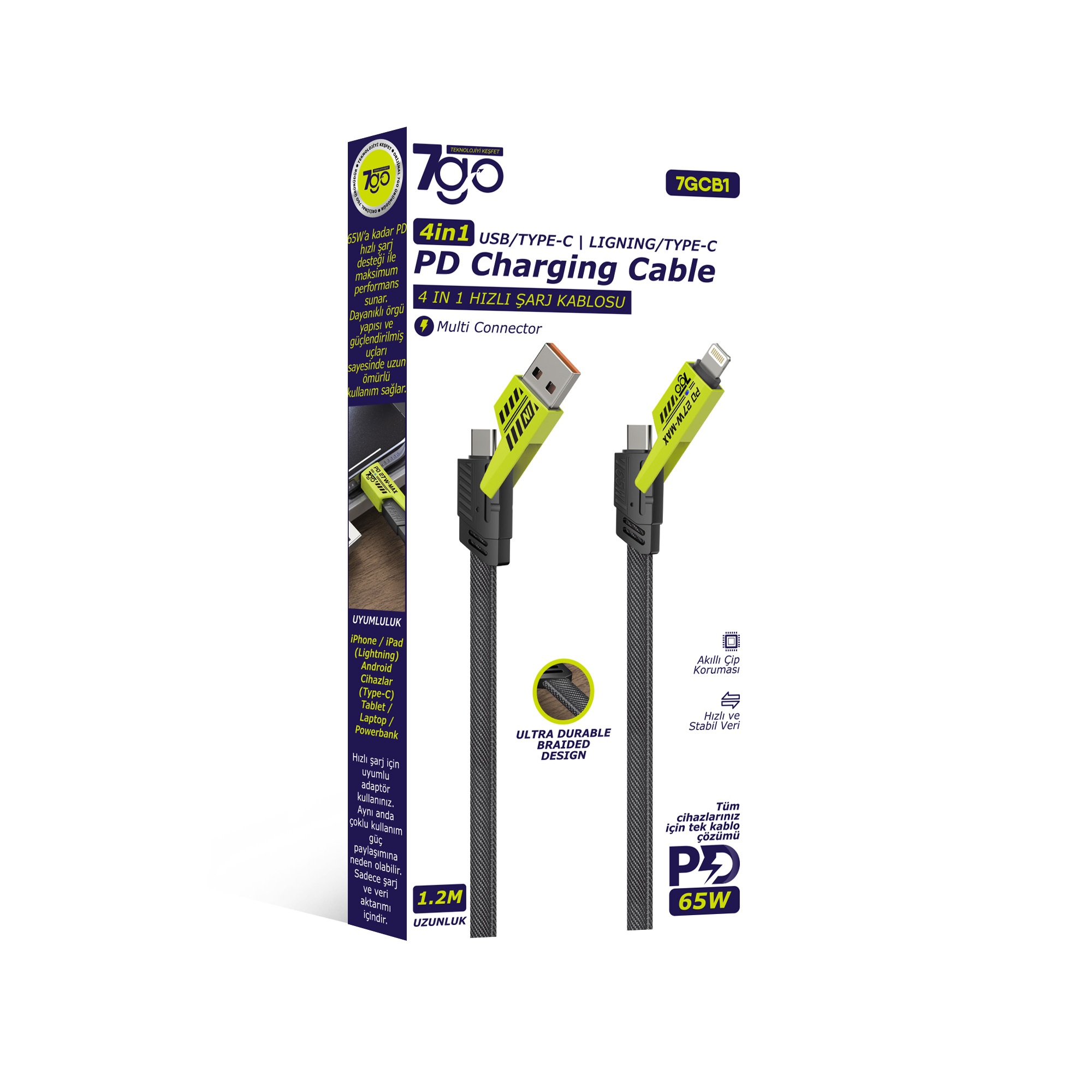 7GO 7GCB1 65W PD 4'ü 1 Arada Hızlı Şarj Kablosu 1.2M – USB-A / Type-C / Lightning Çoklu Örgülü Şarj Kablosu