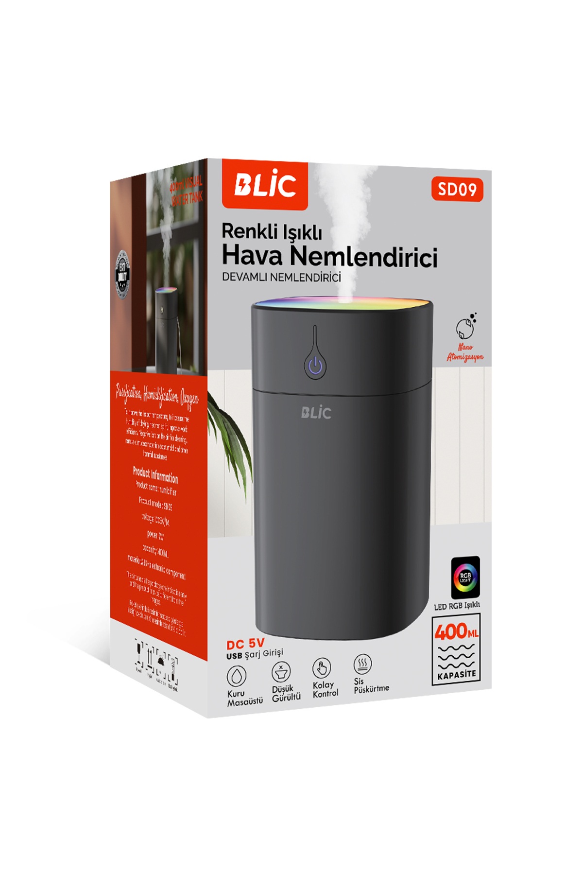 Blic SD09 400 ml Ultrasonik Hava Nemlendirici Siyah – RGB LED Işıklı, USB 5V, 2W Mini Buhar Makinesi