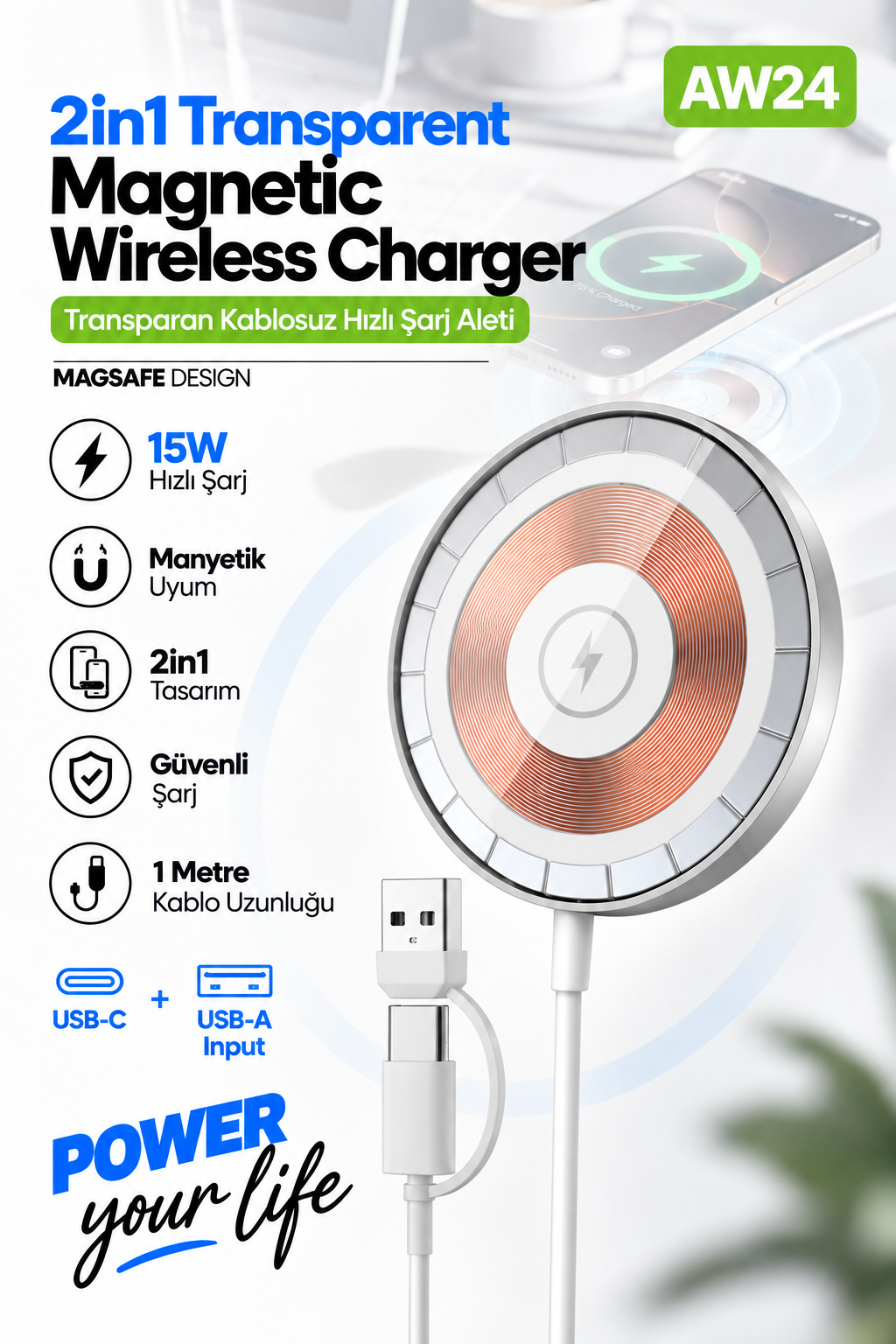 ACL AW24 15W MagSafe Uyumlu Manyetik Kablosuz Hızlı Şarj Aleti, USB-C & USB-A Çift Girişli 1 Metre Kablolu Şarj Cihazı