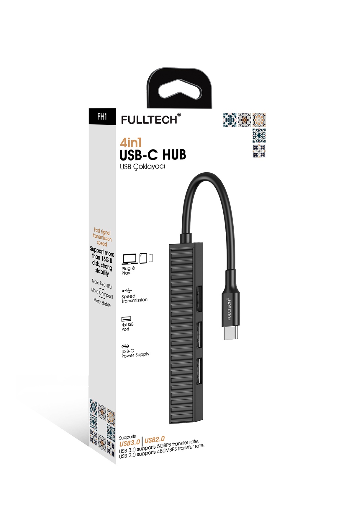 Fulltech FH1 4'ü 1 Arada USB-C Hub – 1x USB 3.0 + 3x USB 2.0 Type-C USB Çoklayıcı 5 Gbps