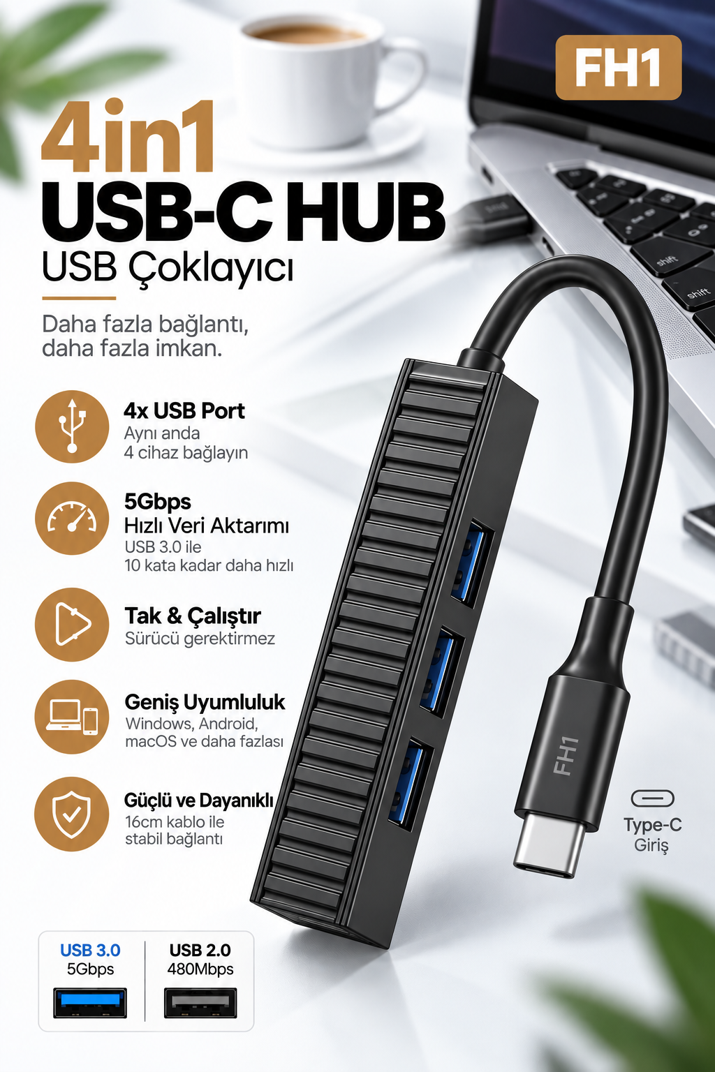 Fulltech FH1 4'ü 1 Arada USB-C Hub – 1x USB 3.0 + 3x USB 2.0 Type-C USB Çoklayıcı 5 Gbps