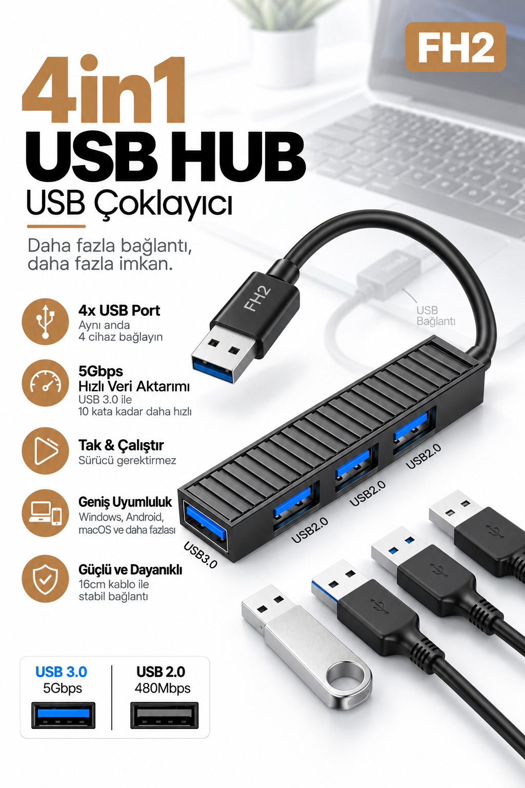 Fulltech FH2 4 Port USB Hub Çoklayıcı – USB 3.0 5 Gbps + 3× USB 2.0, USB-C Güç Girişli Tak Çalıştır USB Çoğaltıcı