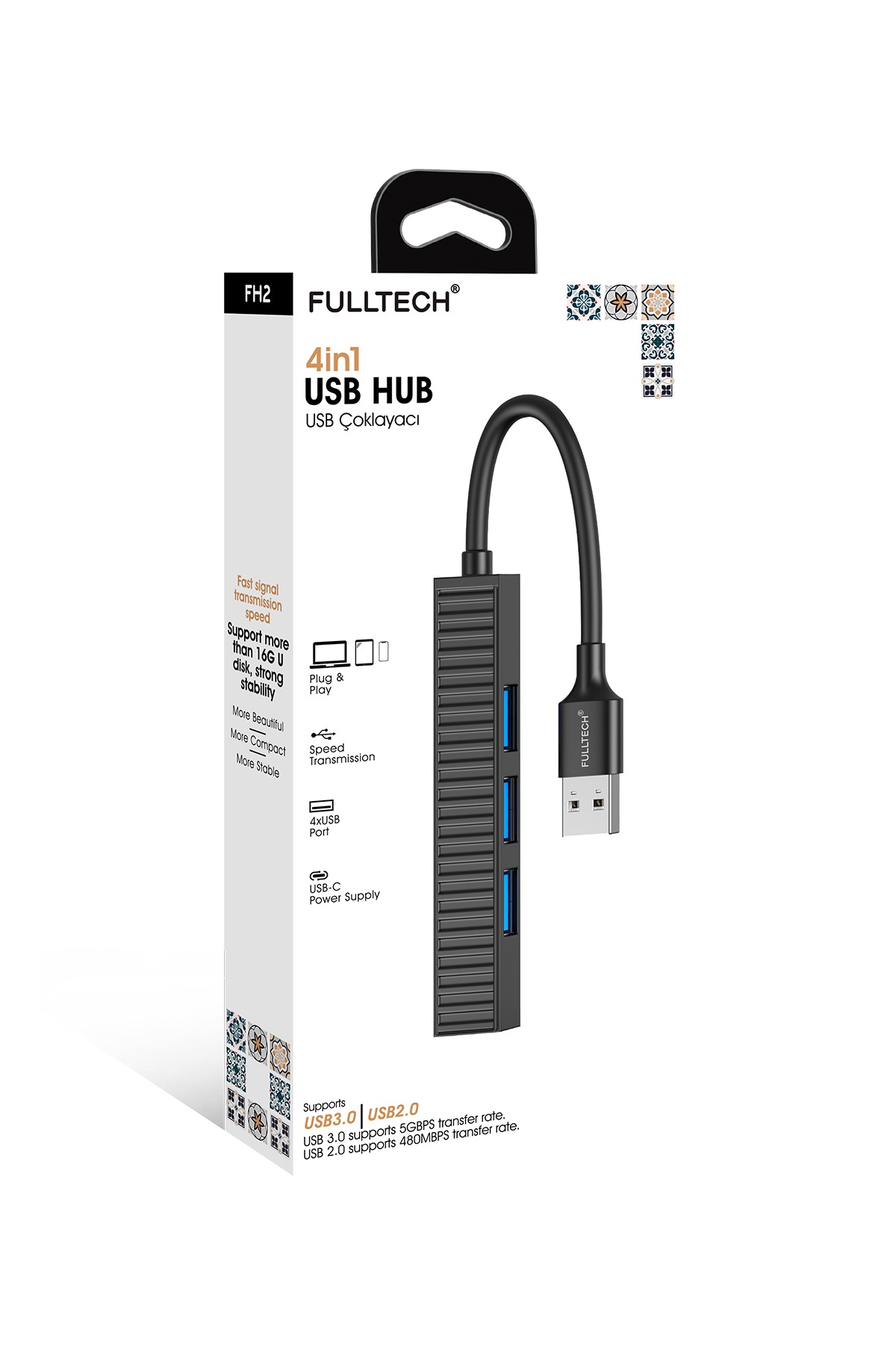 Fulltech FH2 4 Port USB Hub Çoklayıcı – USB 3.0 5 Gbps + 3× USB 2.0, USB-C Güç Girişli Tak Çalıştır USB Çoğaltıcı
