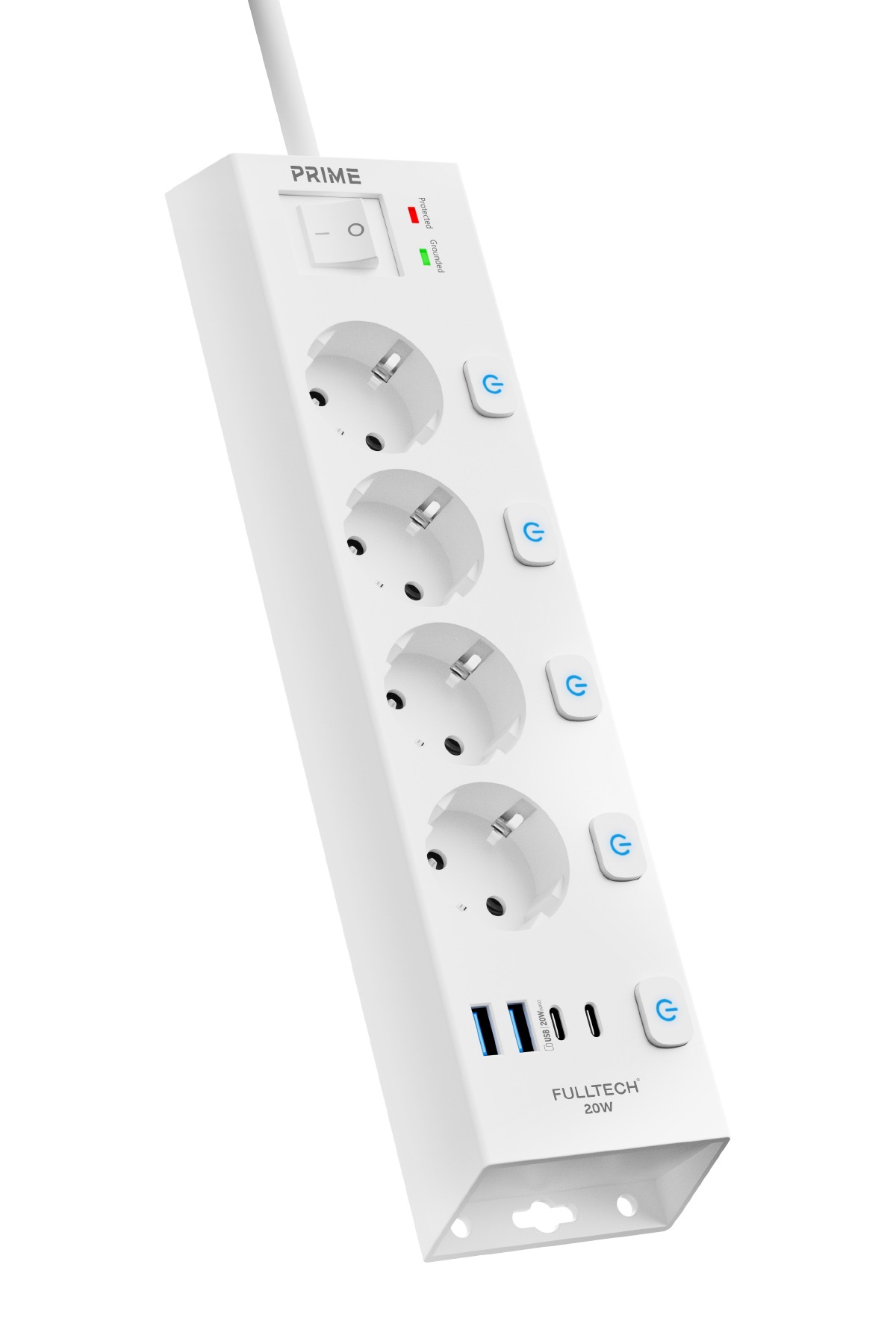 Fulltech FTR-33 Akım Korumalı 4’lü Çoklu Priz – 3680W 16A, 1050J, 2 USB-C PD 20W + 2 USB-A, Ayrı Anahtarlı, 2 Metre Kablolu