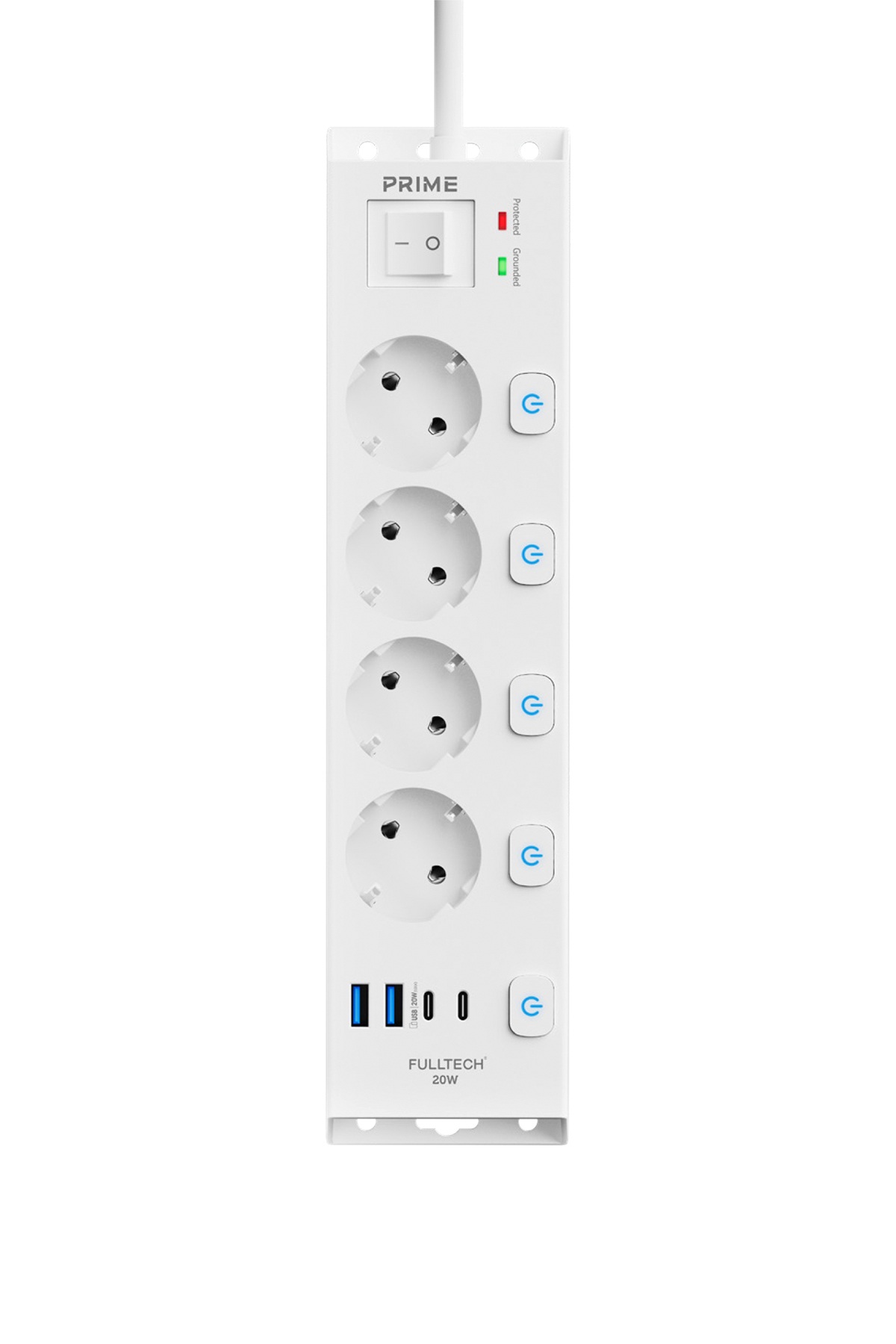 Fulltech FTR-33 Akım Korumalı 4’lü Çoklu Priz – 3680W 16A, 1050J, 2 USB-C PD 20W + 2 USB-A, Ayrı Anahtarlı, 2 Metre Kablolu