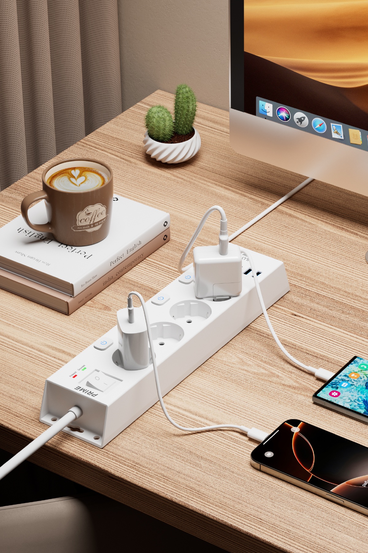 Fulltech FTR-33 Akım Korumalı 4’lü Çoklu Priz – 3680W 16A, 1050J, 2 USB-C PD 20W + 2 USB-A, Ayrı Anahtarlı, 2 Metre Kablolu