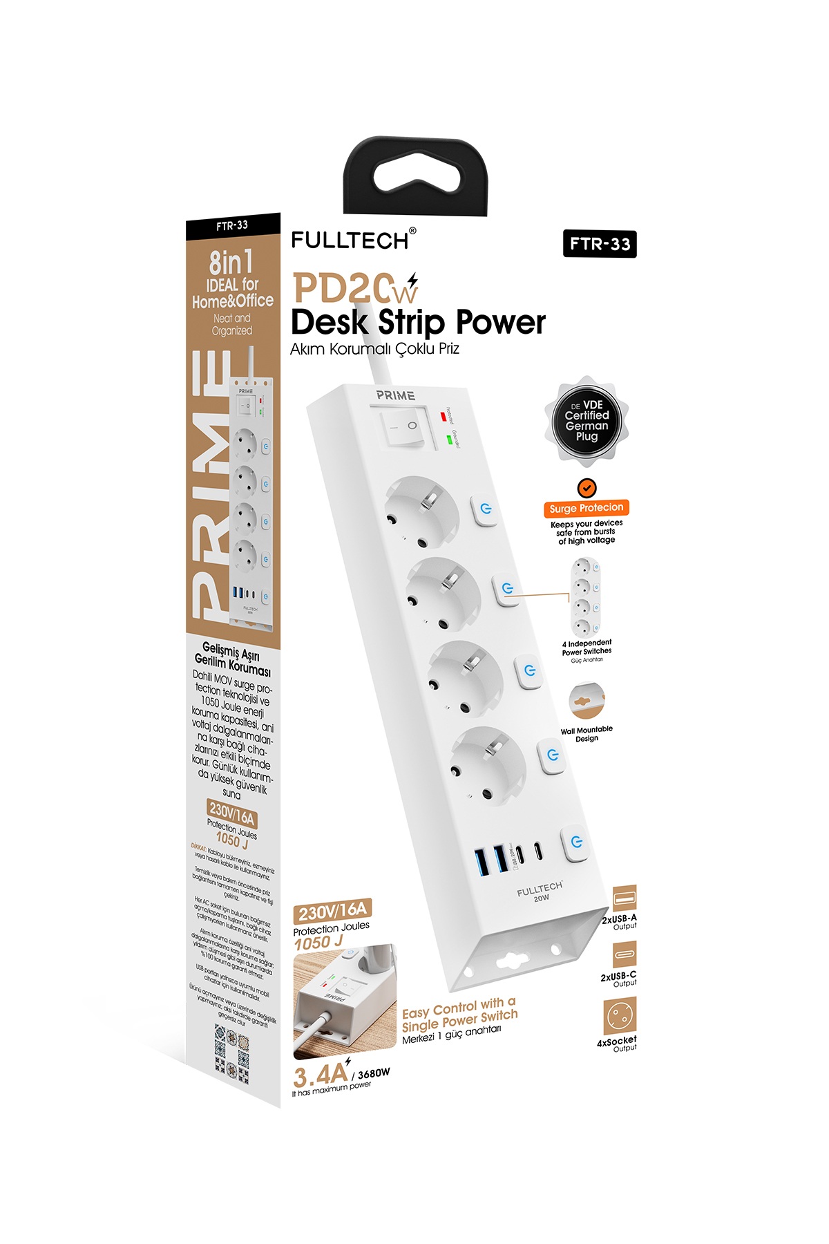 Fulltech FTR-33 Akım Korumalı 4’lü Çoklu Priz – 3680W 16A, 1050J, 2 USB-C PD 20W + 2 USB-A, Ayrı Anahtarlı, 2 Metre Kablolu