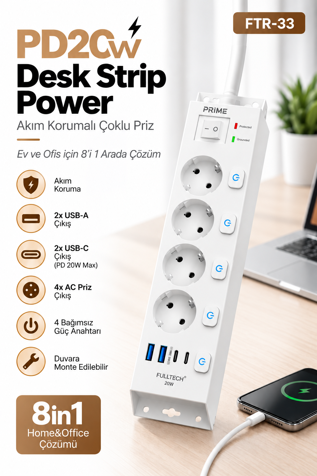 Fulltech FTR-33 Akım Korumalı 4’lü Çoklu Priz – 3680W 16A, 1050J, 2 USB-C PD 20W + 2 USB-A, Ayrı Anahtarlı, 2 Metre Kablolu