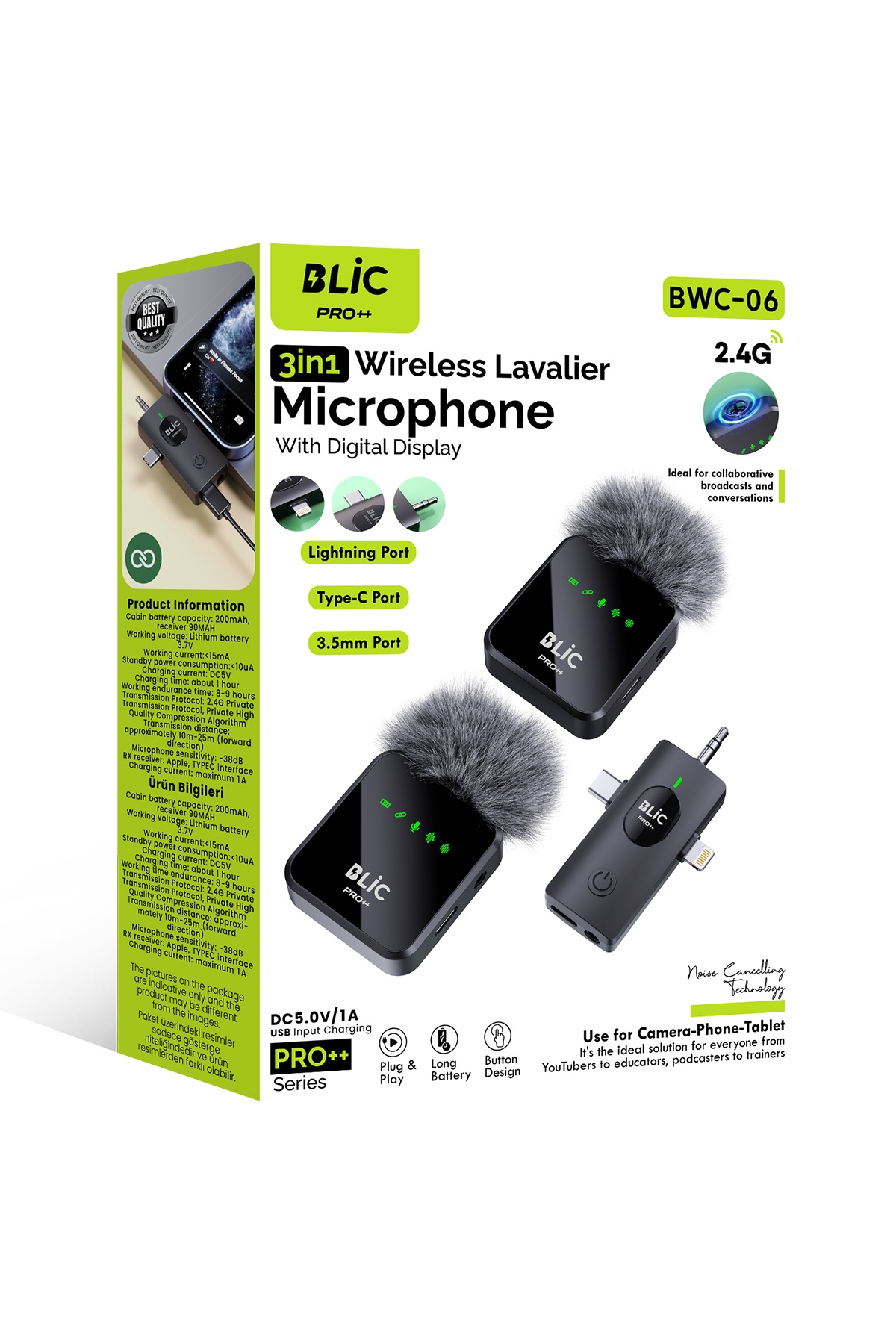 Blic Pro++ BWC-06 3'ü 1 Arada 2.4G Kablosuz Çift Yaka Mikrofonu – Dijital Ekranlı, Type-C / Lightning / 3.5 mm