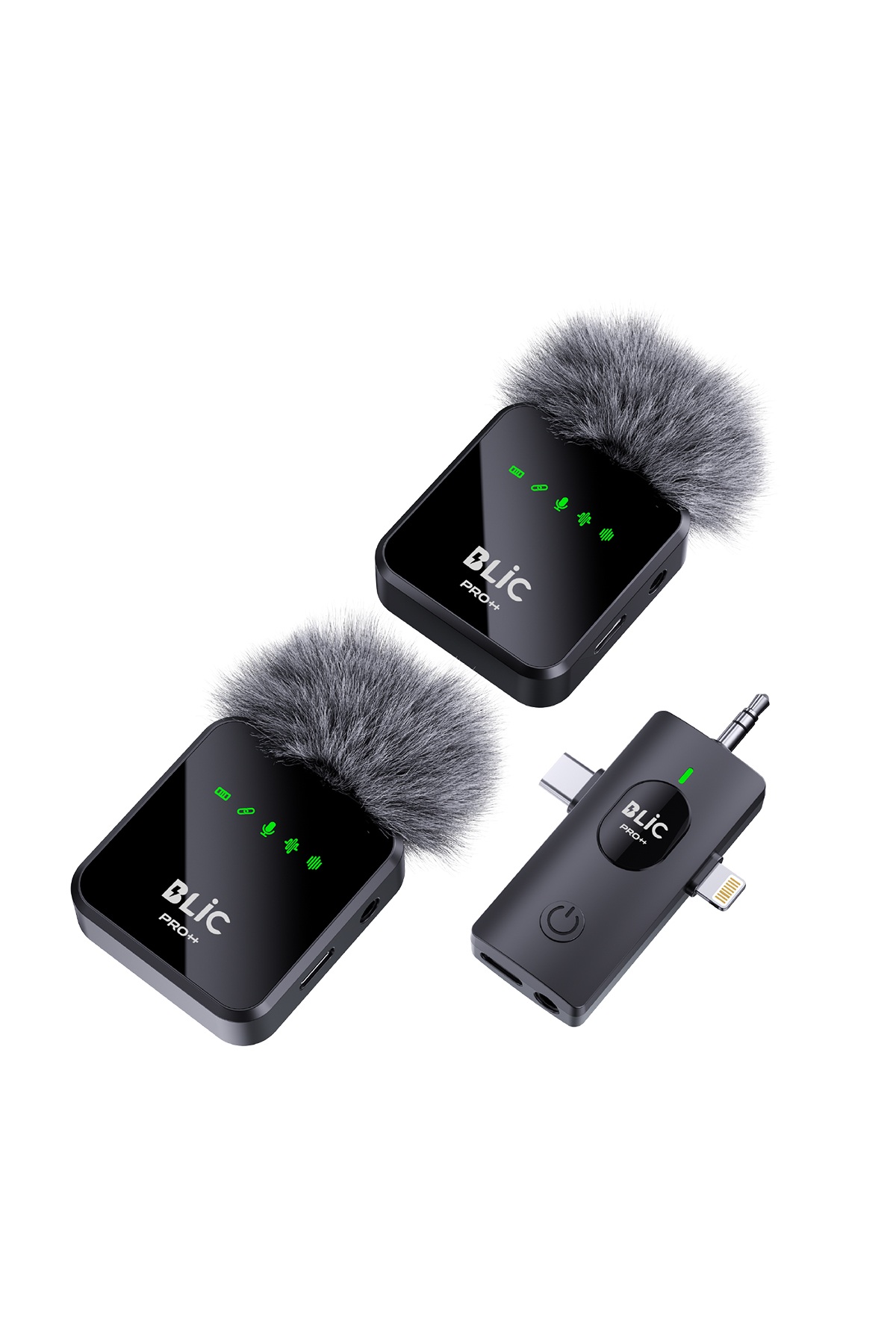 Blic Pro++ BWC-06 3'ü 1 Arada 2.4G Kablosuz Çift Yaka Mikrofonu – Dijital Ekranlı, Type-C / Lightning / 3.5 mm