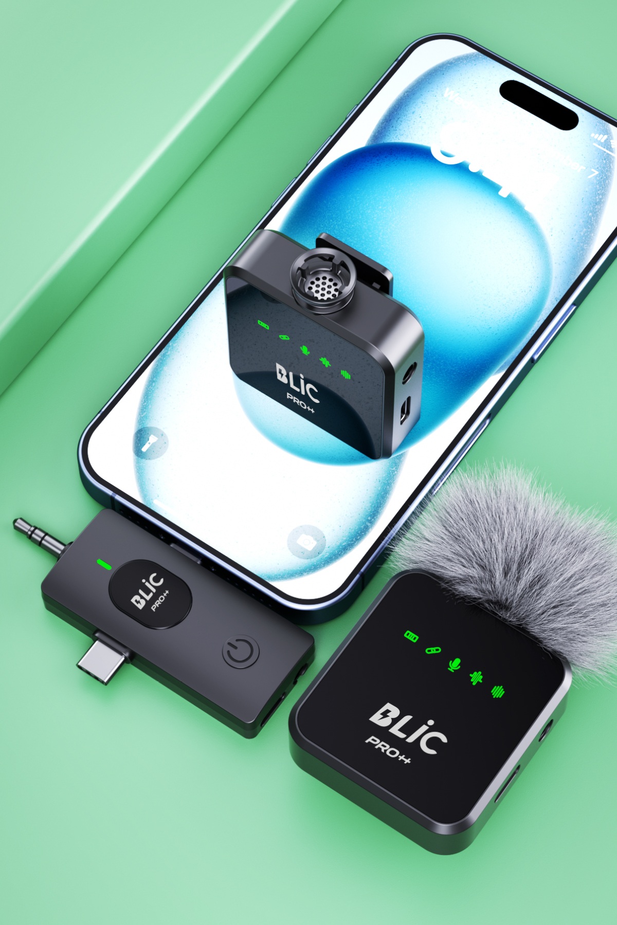 Blic Pro++ BWC-06 3'ü 1 Arada 2.4G Kablosuz Çift Yaka Mikrofonu – Dijital Ekranlı, Type-C / Lightning / 3.5 mm